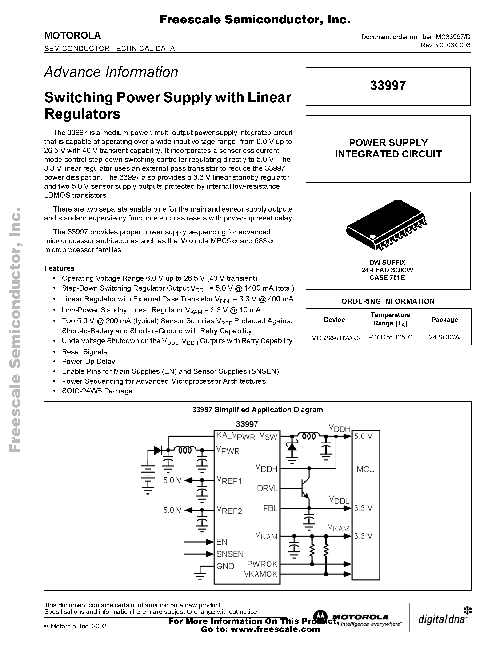Даташит MC33997 - Switching Power Supply with Linear Regulators страница 1