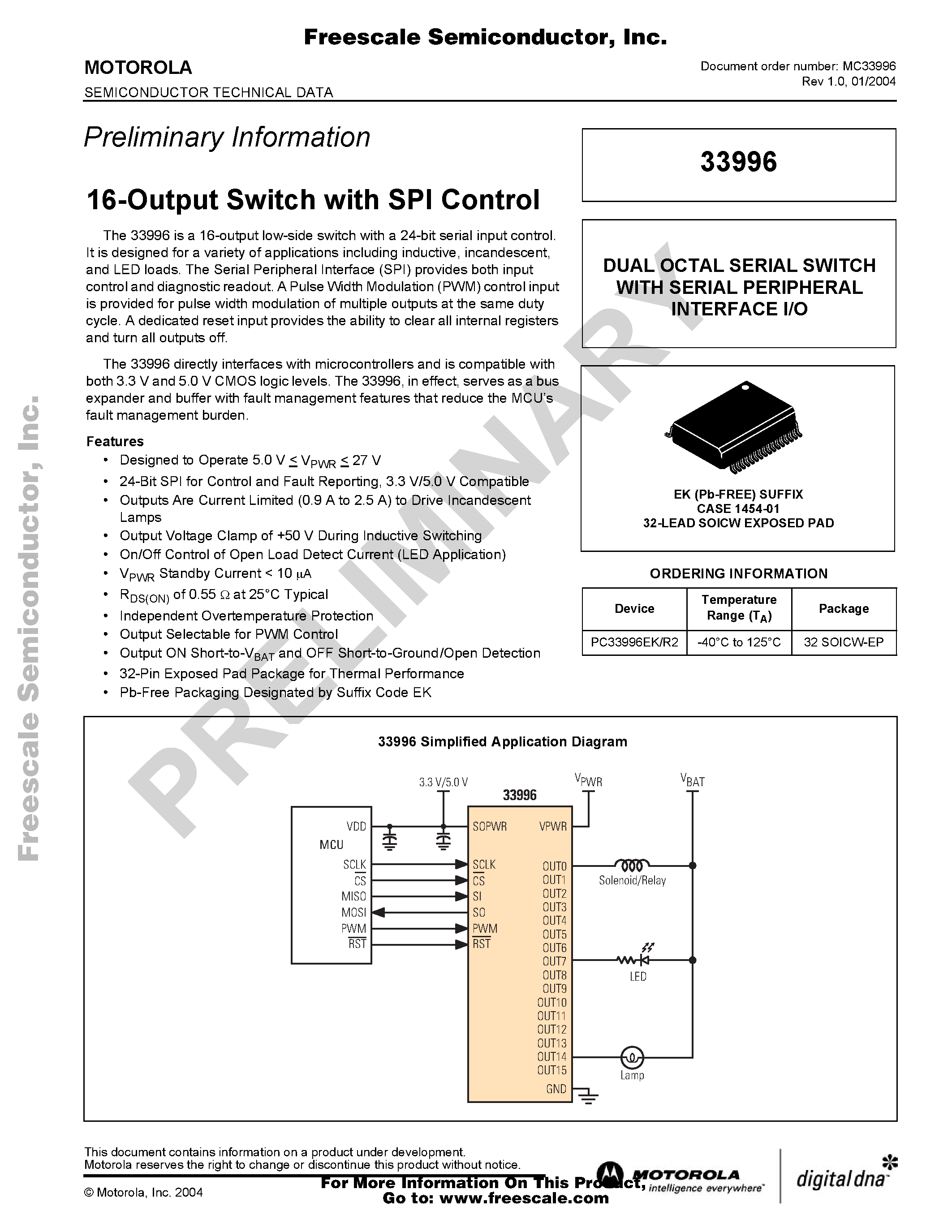 Datasheet MC33996 - 16-Output Switch with SPI Control page 1