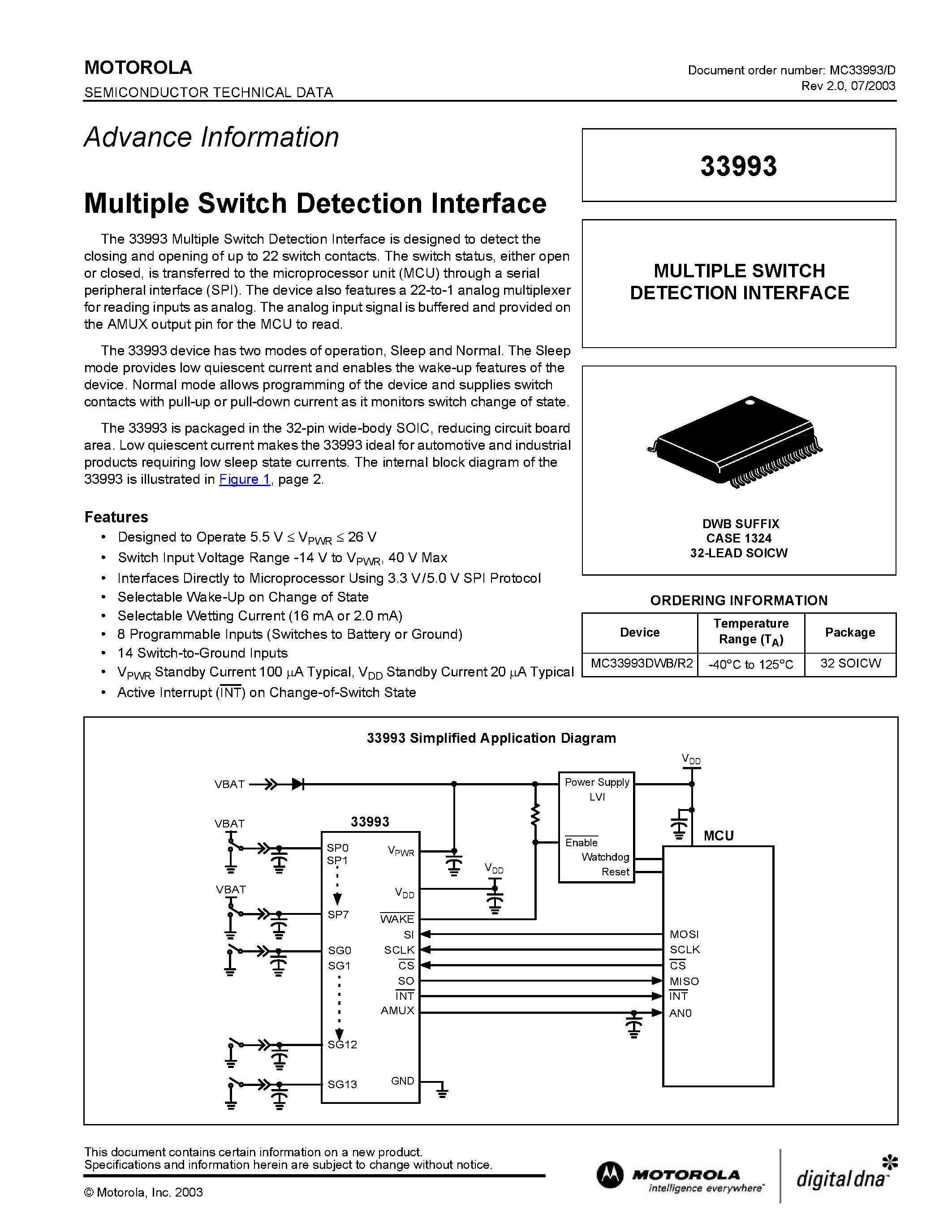 Даташит MC33993 - Multiple Switch Detection Interface страница 1