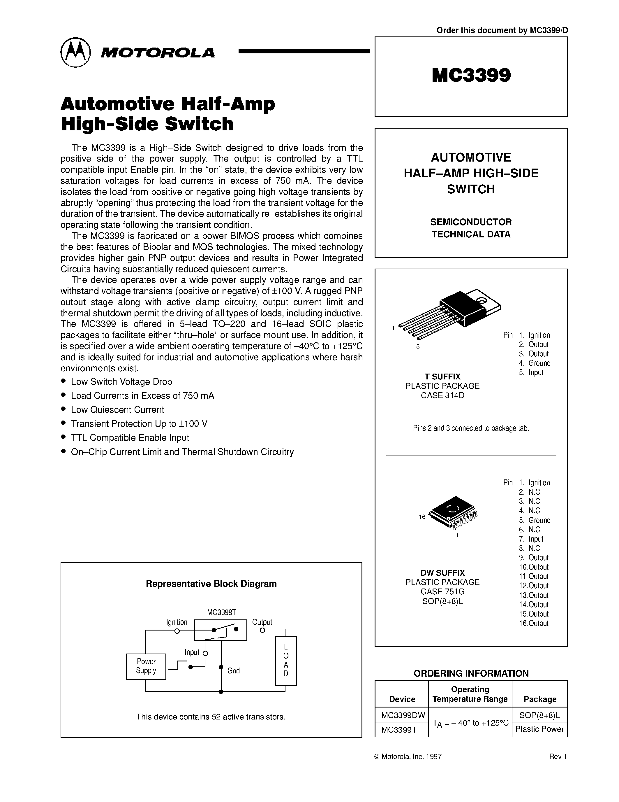 Даташит MC3399 - AUTOMOTIVE HALF-AMP HIGH-SIDE SWITCH страница 1