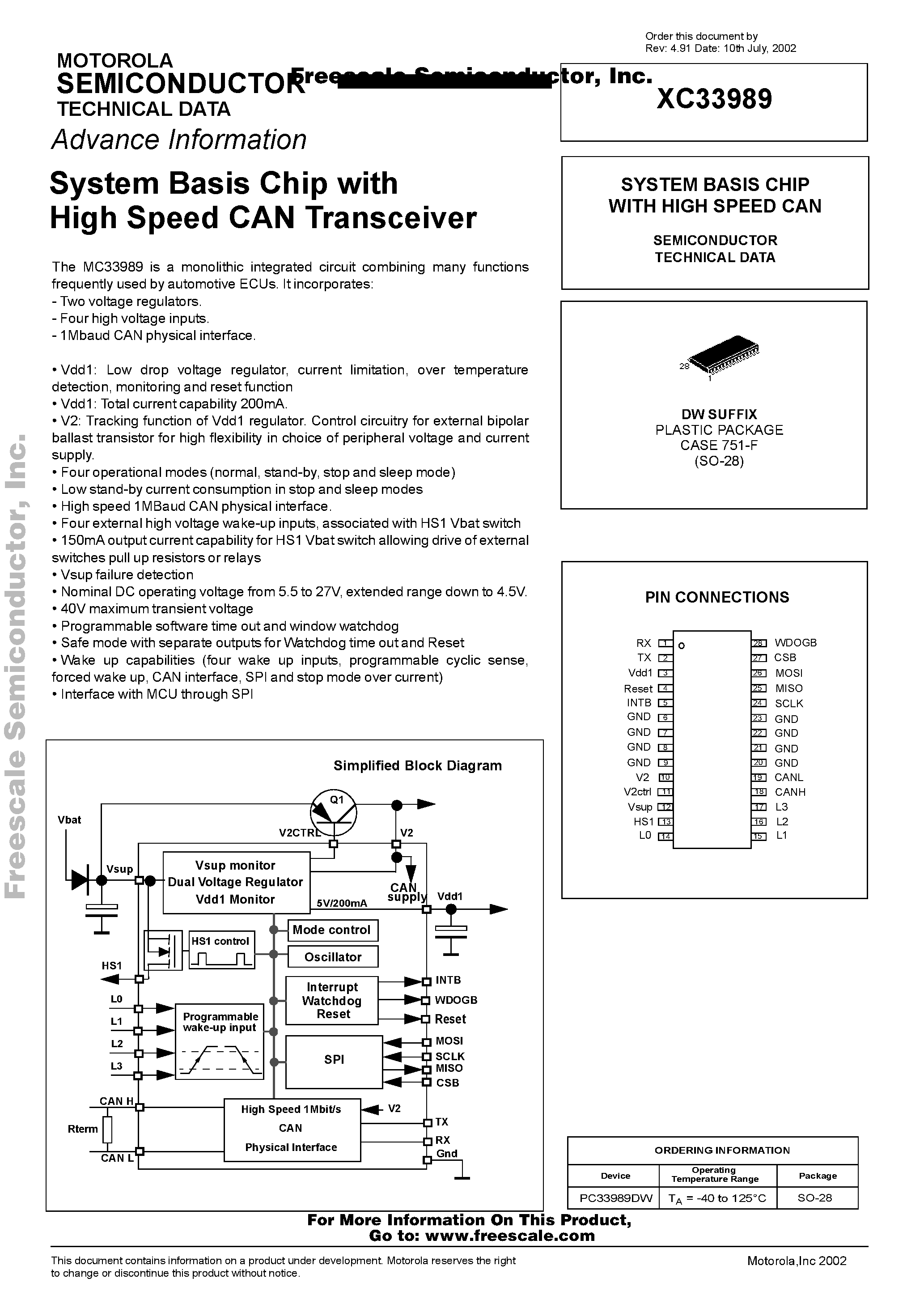 Даташит на микросхему MC33989 страница 1 Даташит MC33989 - System Basis Chip with High Speed CAN Transceiver страница 1
