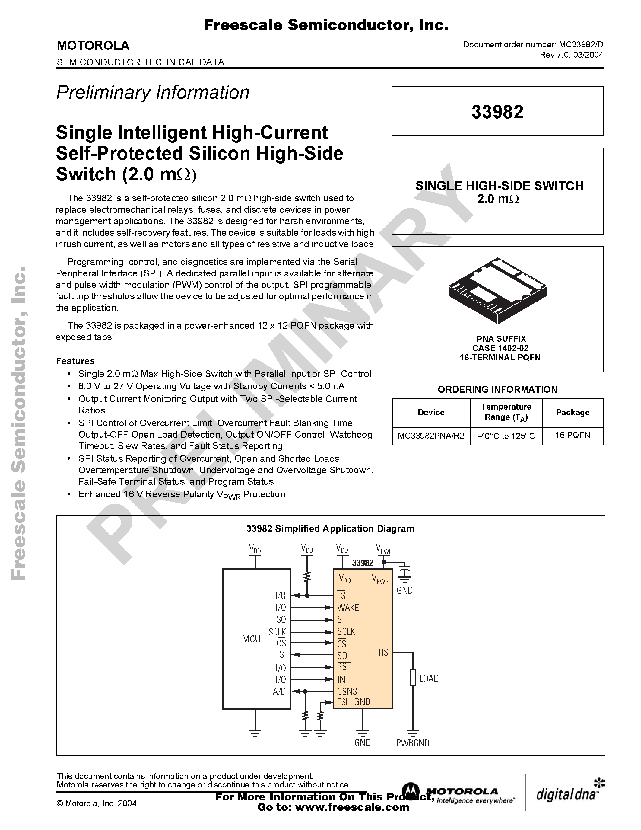 Даташит на микросхему MC33982 страница 1 Даташит MC33982 - Single Intelligent High-Current Self-Protected Silicon High-Side Switch страница 1