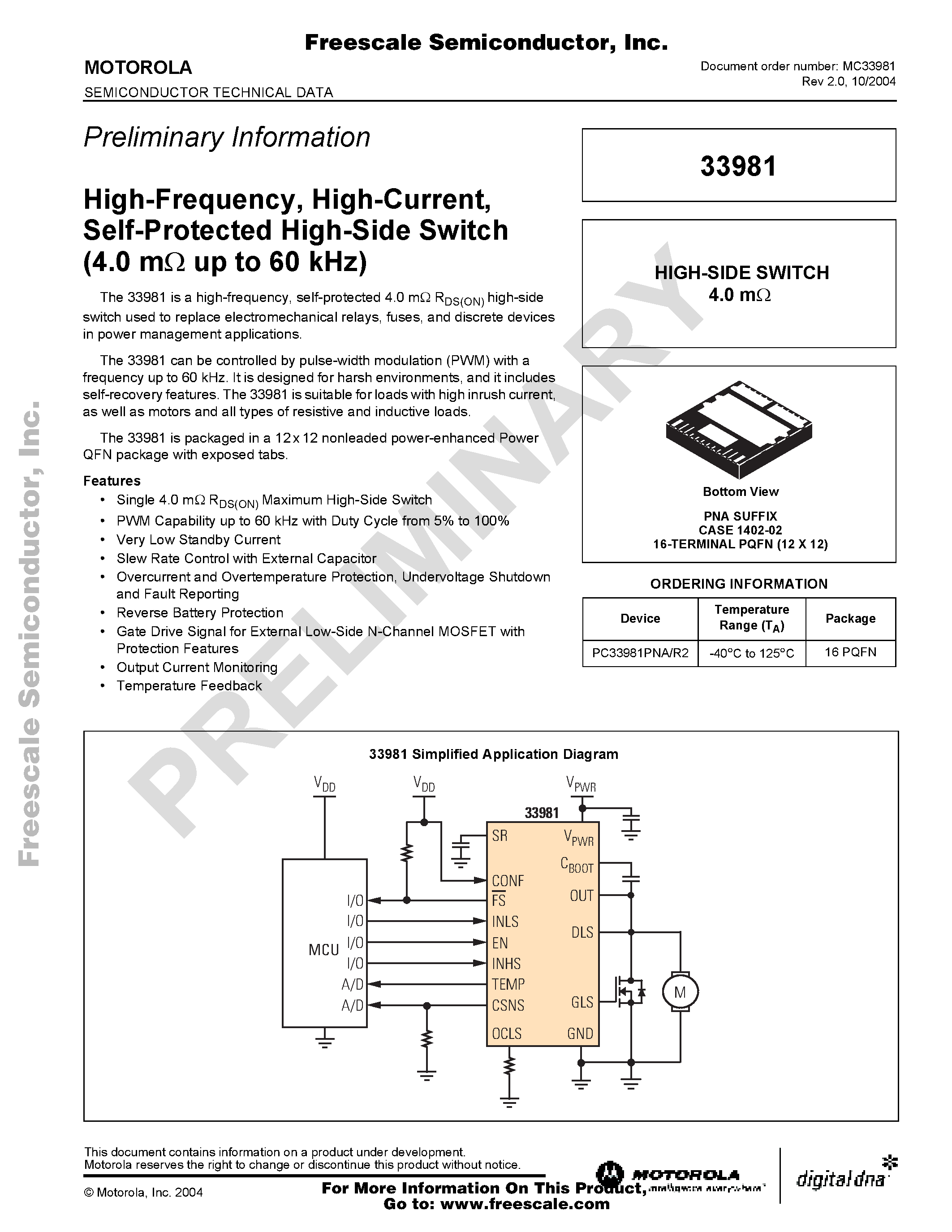 Даташит на микросхему MC33981 страница 1 Даташит MC33981 - High-Frequency / High-Current / Self-Protected High-Side Switch страница 1