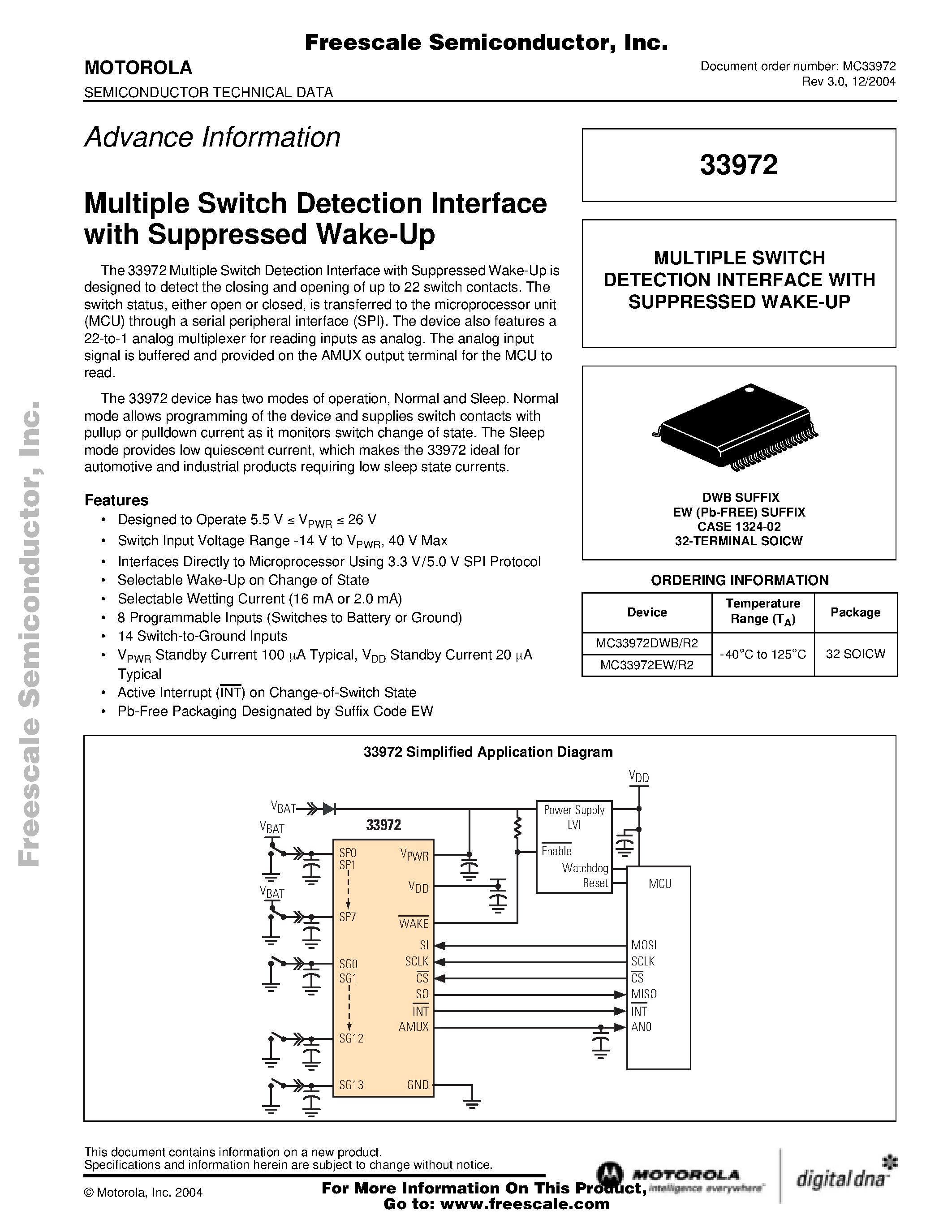 Даташит на микросхему MC33972 страница 1 Даташит MC33972 - Multiple Switch Detection Interface with Suppressed Wake-Up страница 1