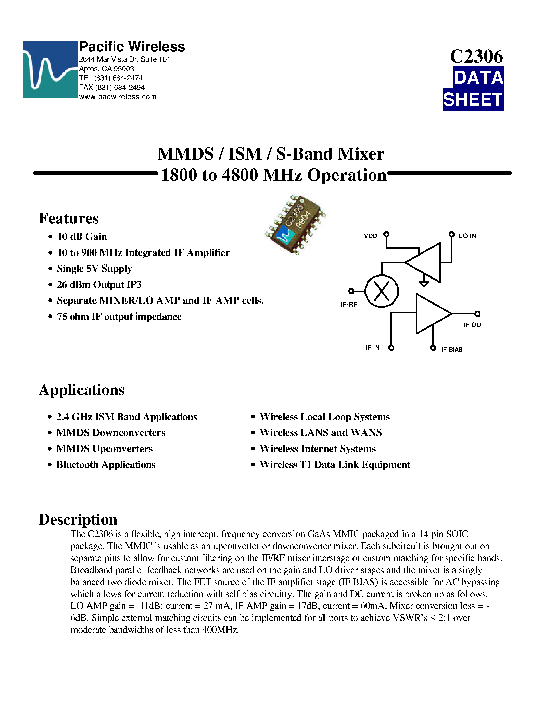 Datasheet C2306 - MMDS / ISM / S-Band Mixer page 1