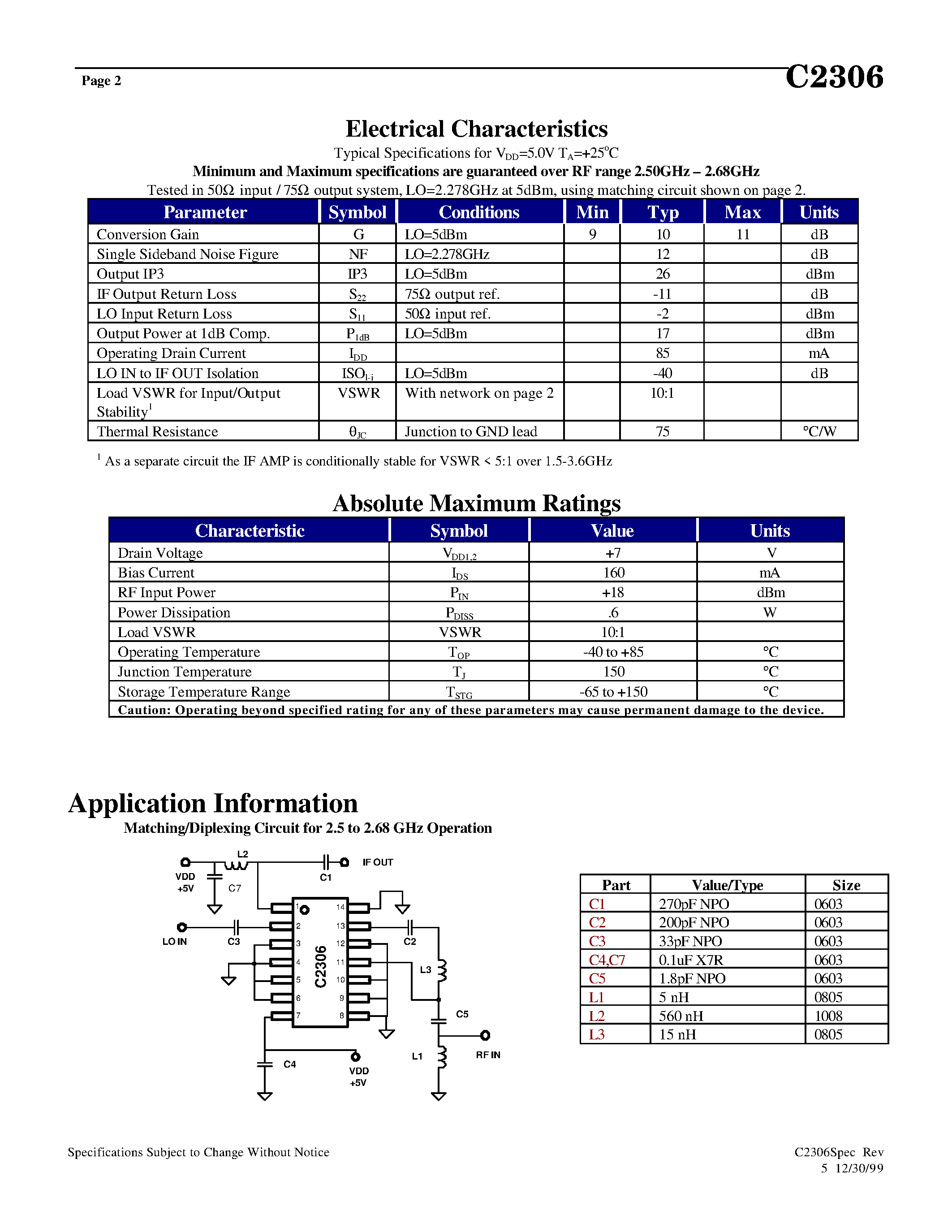 Datasheet C2306 - MMDS / ISM / S-Band Mixer page 2