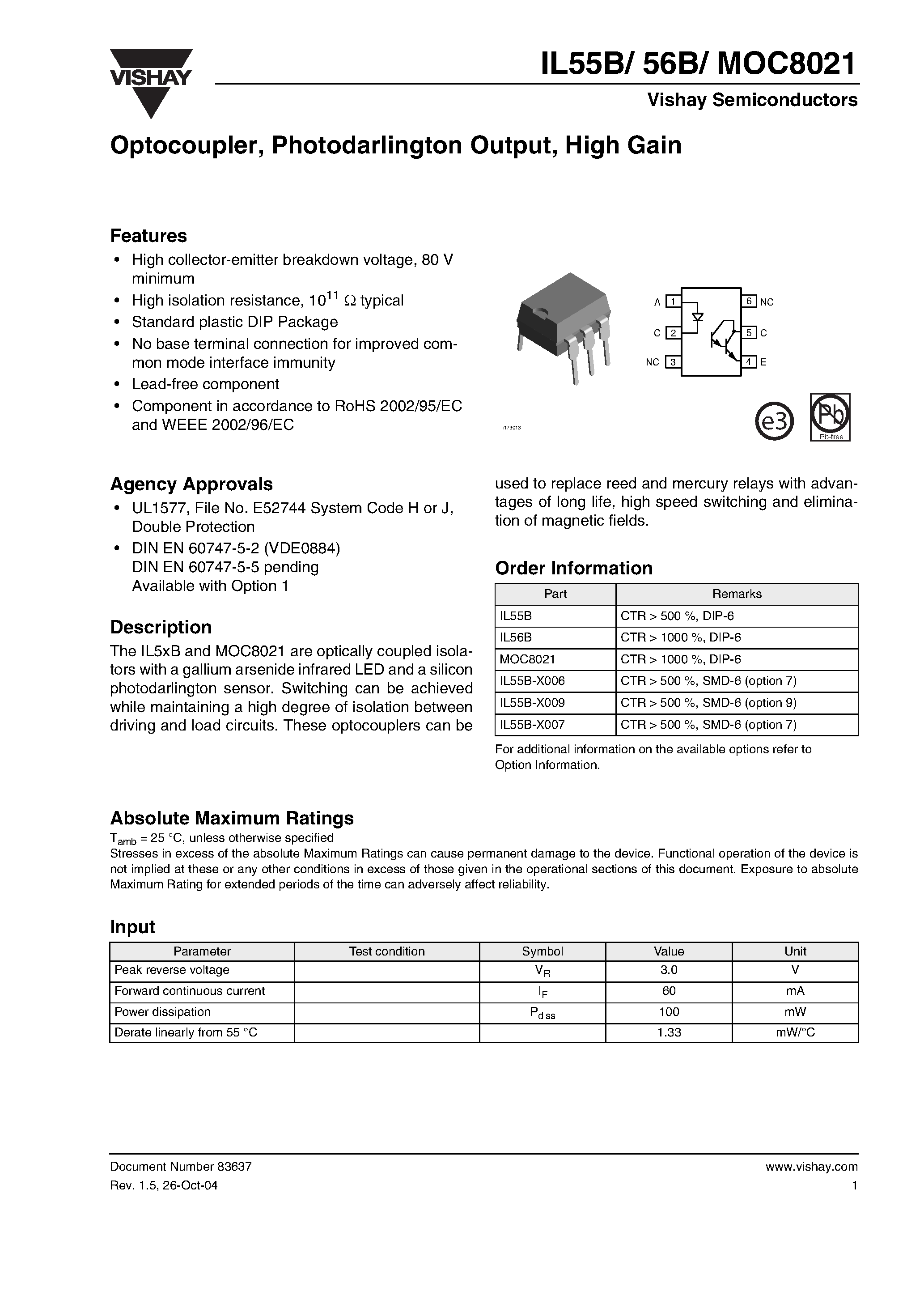 Datasheet MOC8021 - Optocoupler / Photodarlington Output / High Gain page 1