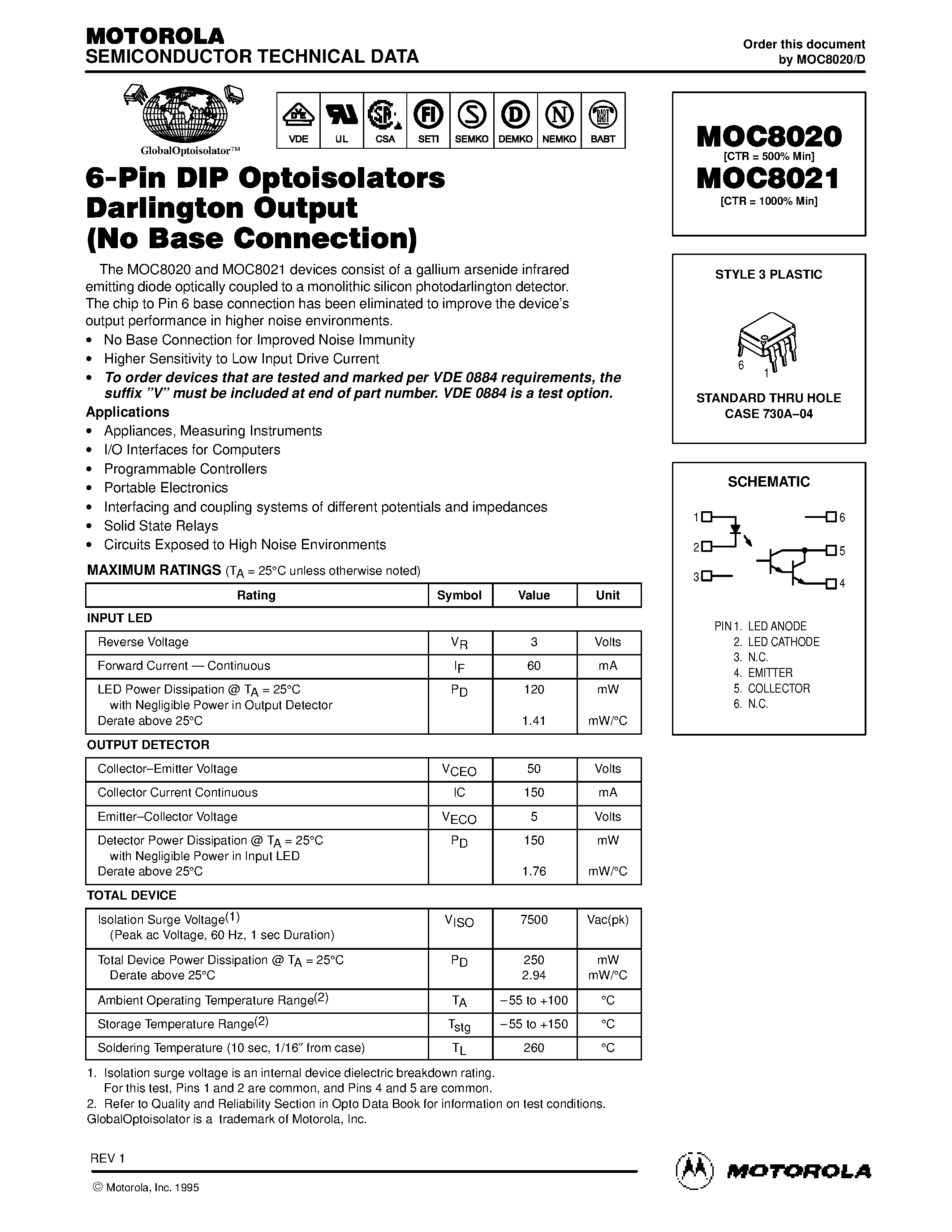 Datasheet MOC8020 - (MOC8020 / MOC8021) 6-Pin DIP Optoisolators Darlington Ouput(No Base Connection) page 1