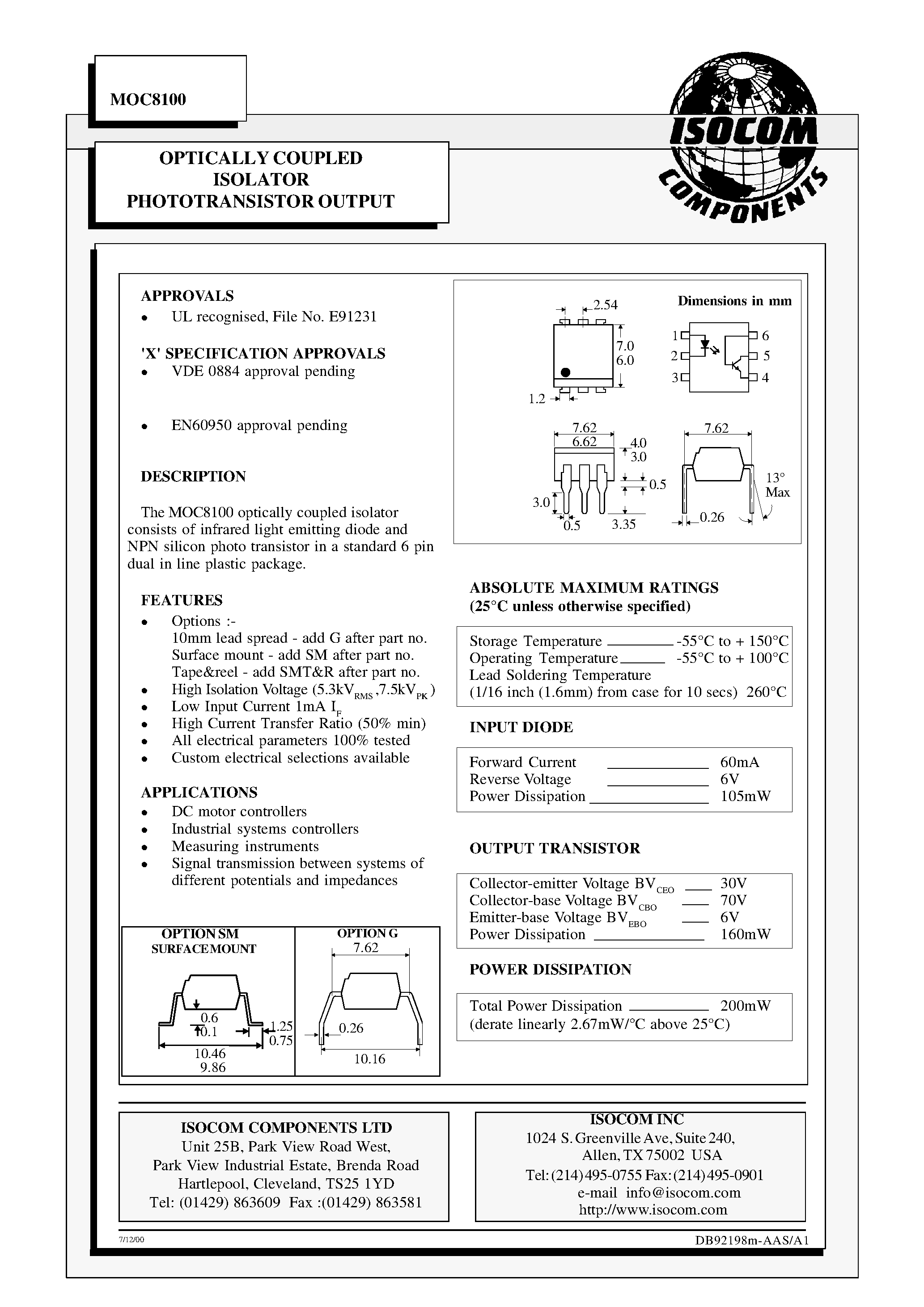 Datasheet MOC8100 - OPTICALLY COUPLED ISOLATOR PHOTOTRANSISTOR OUTPUT page 1