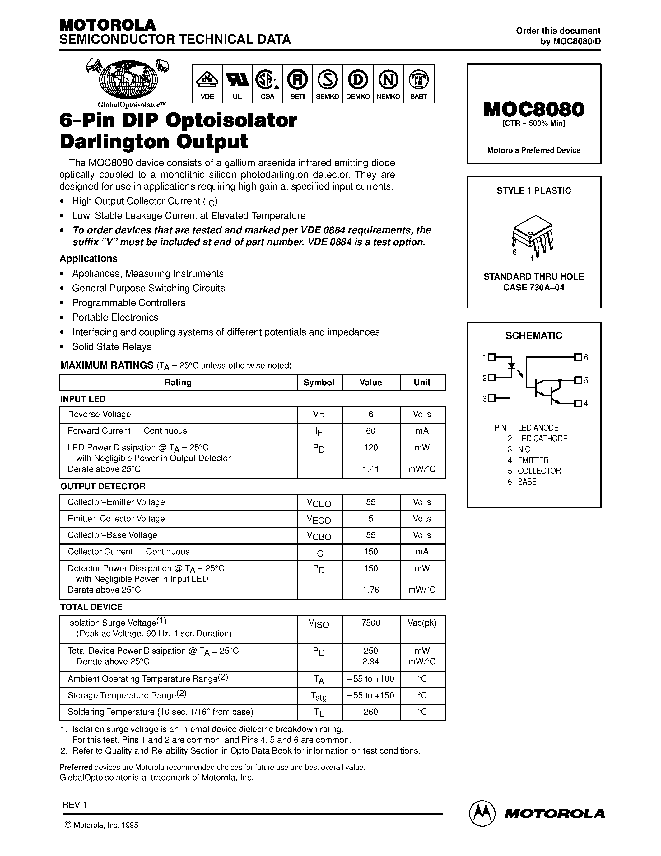 Datasheet MOC8080 - 6-Pin DIP Optoisolators Darlington Output page 1