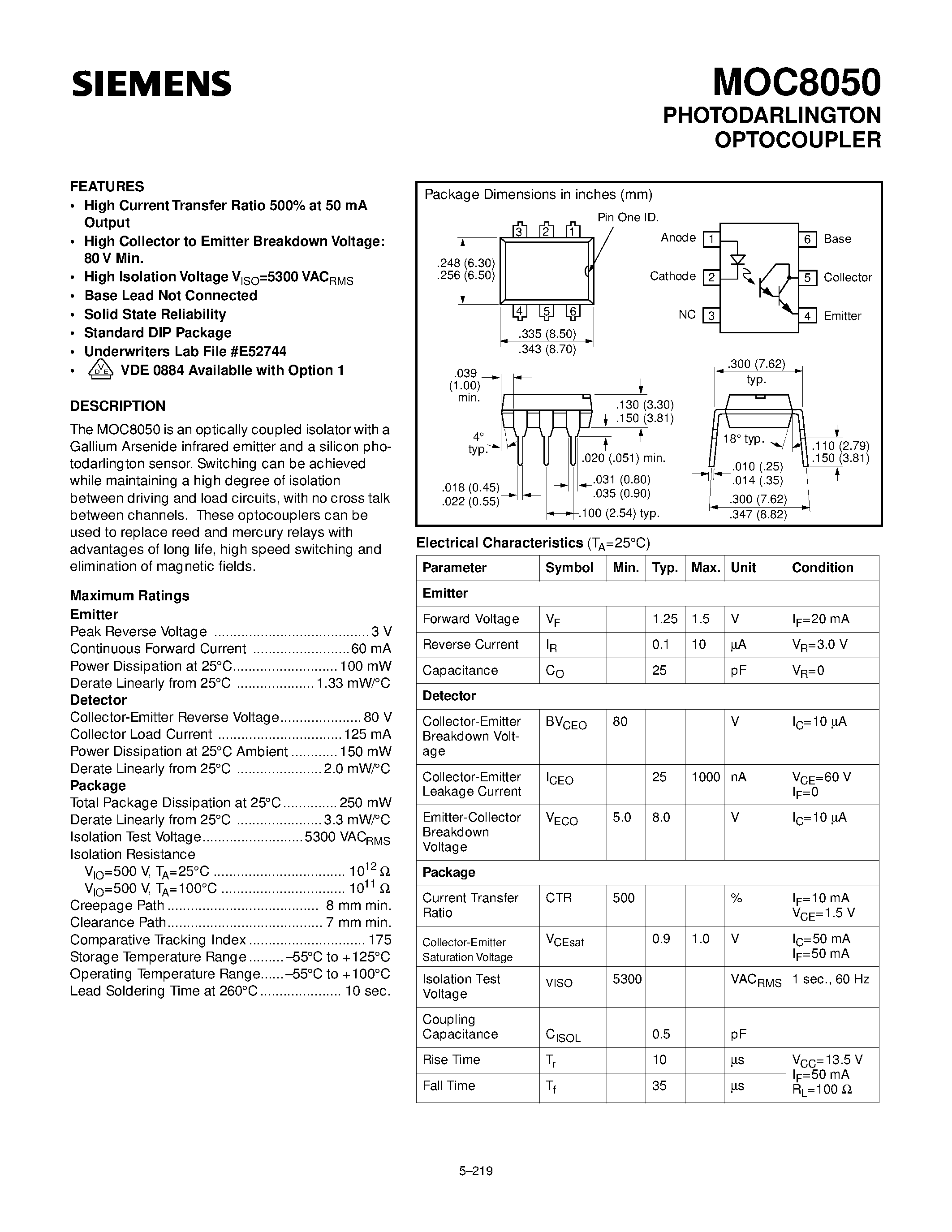 Datasheet MOC8050 - PHOTODARLINGTON OPTOCOUPLER page 1
