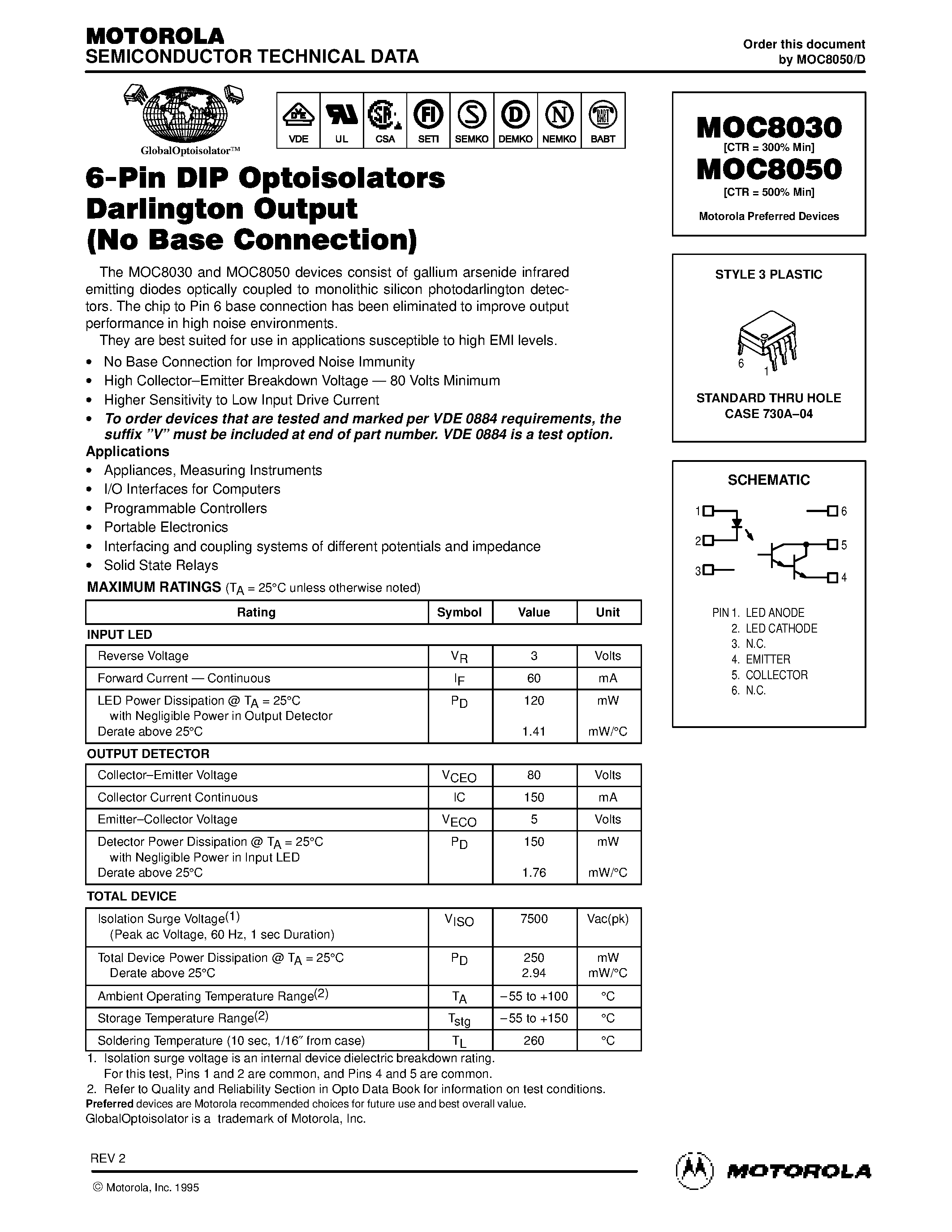 Даташит на микросхему MOC8030 страница 1 Даташит MOC8030 - (MOC8030 / MOC8050) 6-Pin DIP Optoisolators Darlington Ouput(No Base Connection) страница 1