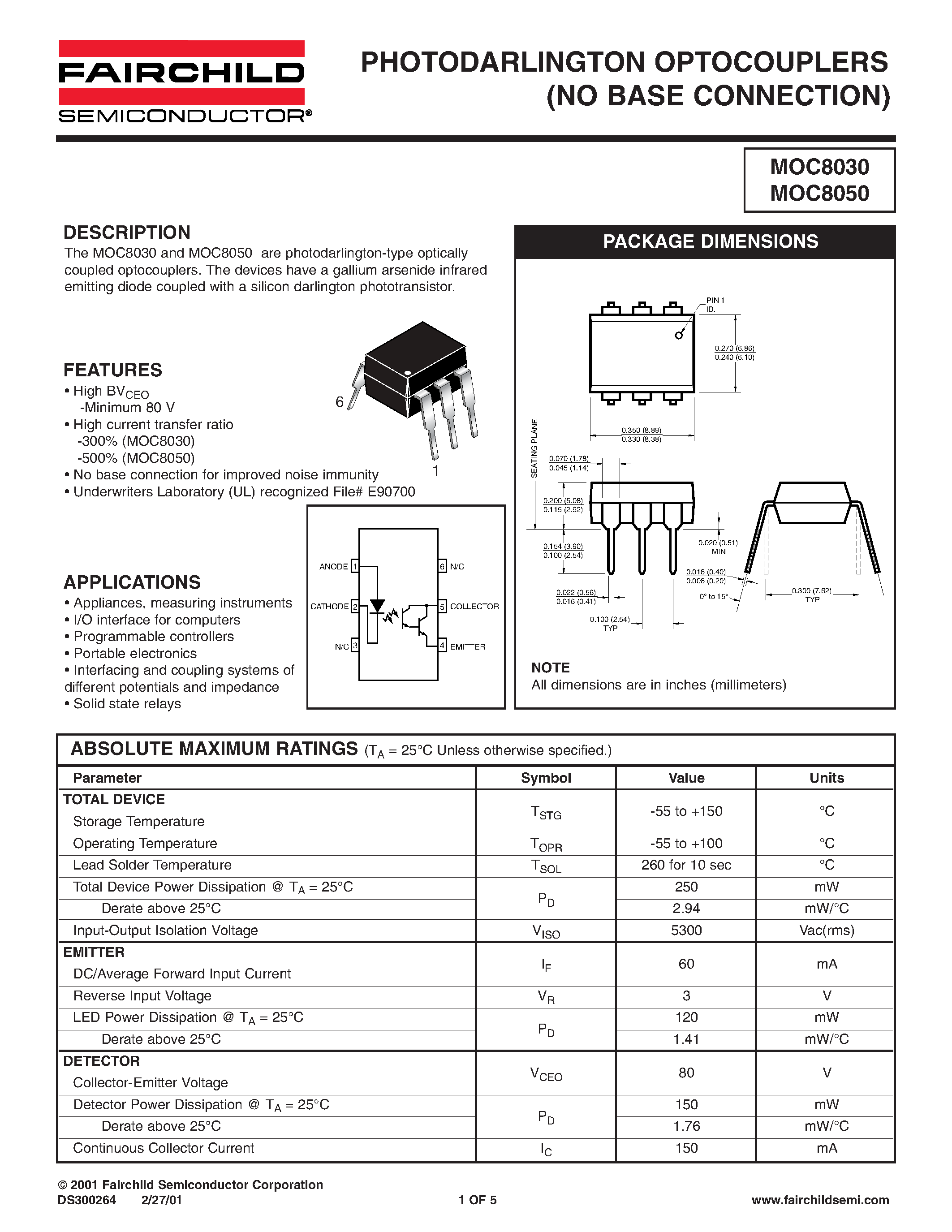 Datasheet MOC8030 - (MOC8030 / MOC8050) PHOTODARLINGTON OPTOCOUPLERS (NO BASE CONNECTION) page 1