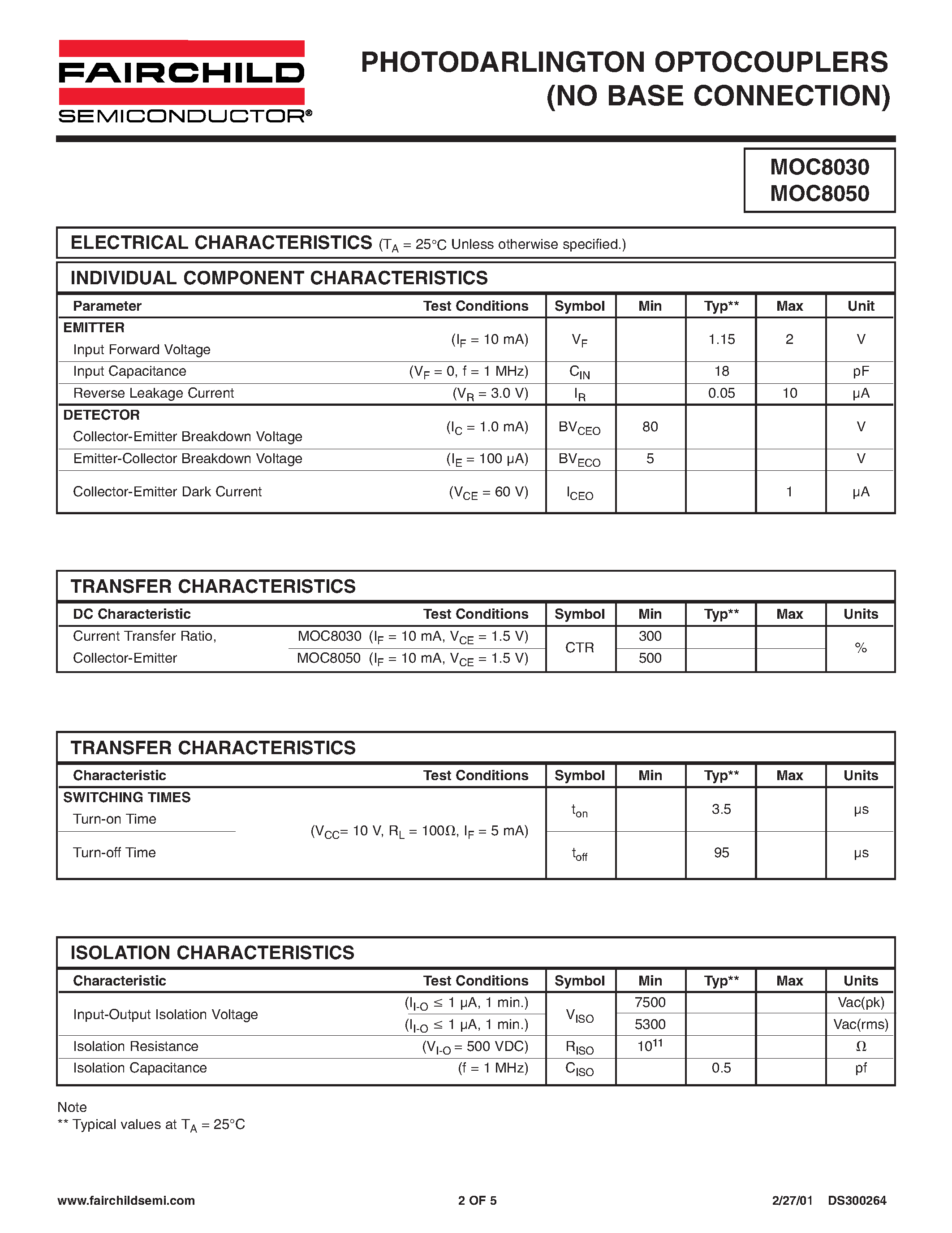 Datasheet MOC8030 - (MOC8030 / MOC8050) PHOTODARLINGTON OPTOCOUPLERS (NO BASE CONNECTION) page 2
