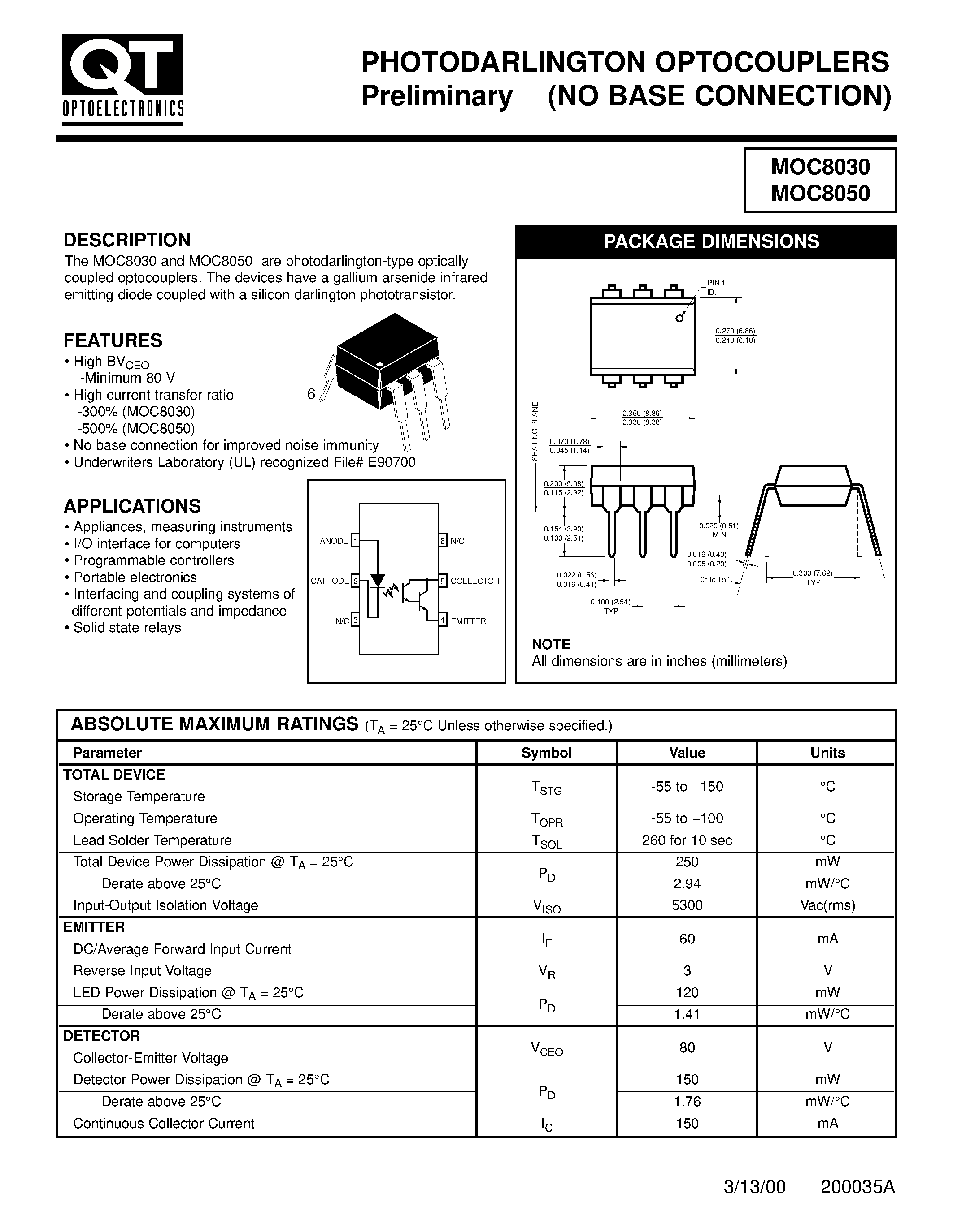 Datasheet MOC8030 page 1 Datasheet MOC8030 - (MOC8030 / MOC8050) PHOTODARLINGTON OPTOCOUPLERS Preliminary page 1