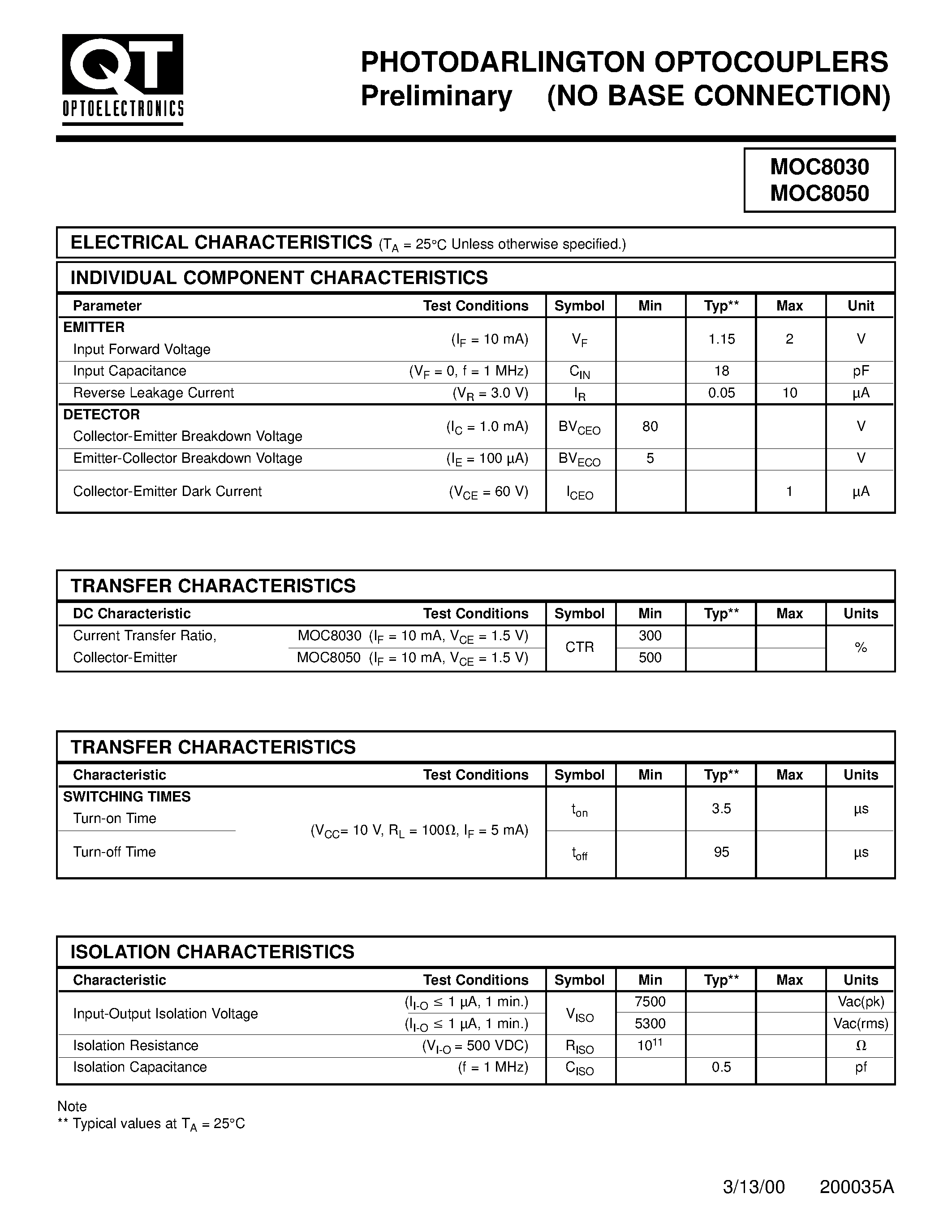Datasheet MOC8030 page 2 Datasheet MOC8030 - (MOC8030 / MOC8050) PHOTODARLINGTON OPTOCOUPLERS Preliminary page 2