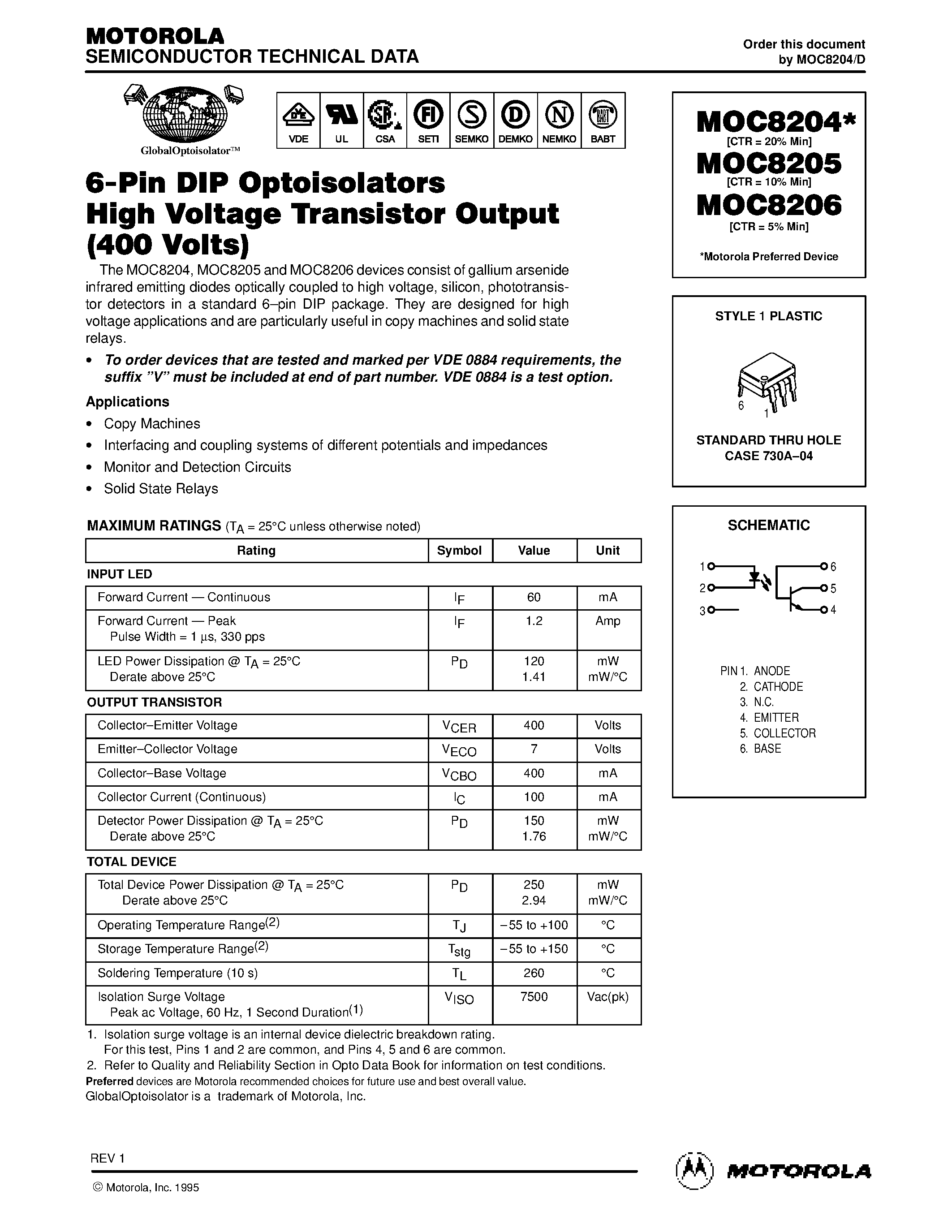 Даташит MOC8204 - (MOC8204 / MOC8205 / MOC8206) 6-Pin DIP Optoisolators High Voltage Transistor Output(400 Volts) страница 1