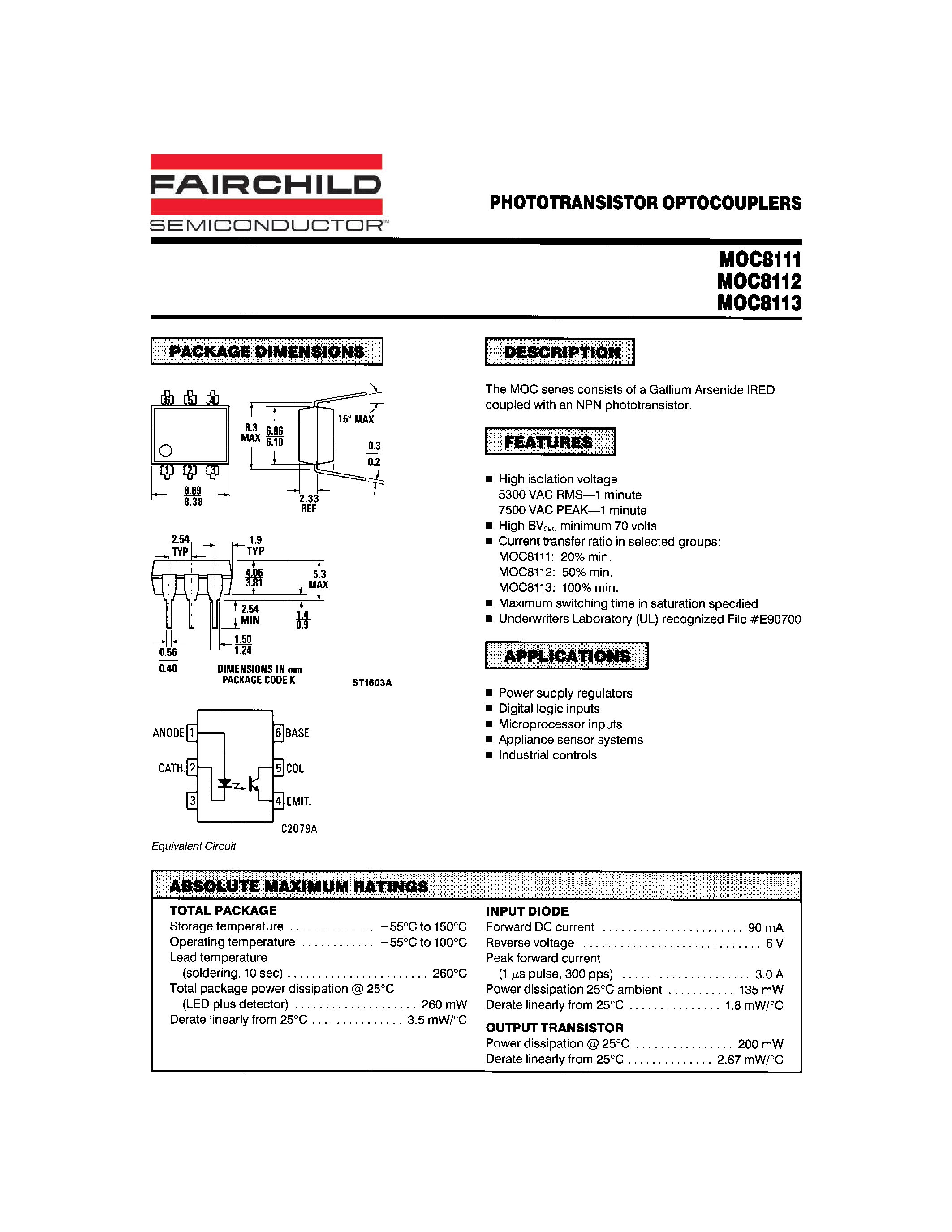 Даташит на микросхему MOC8111 страница 1 Даташит MOC8111 - (MOC8111 / MOC8112 / MOC8113) PHOTOTRANSISTOR OPTOCOUPLERS страница 1