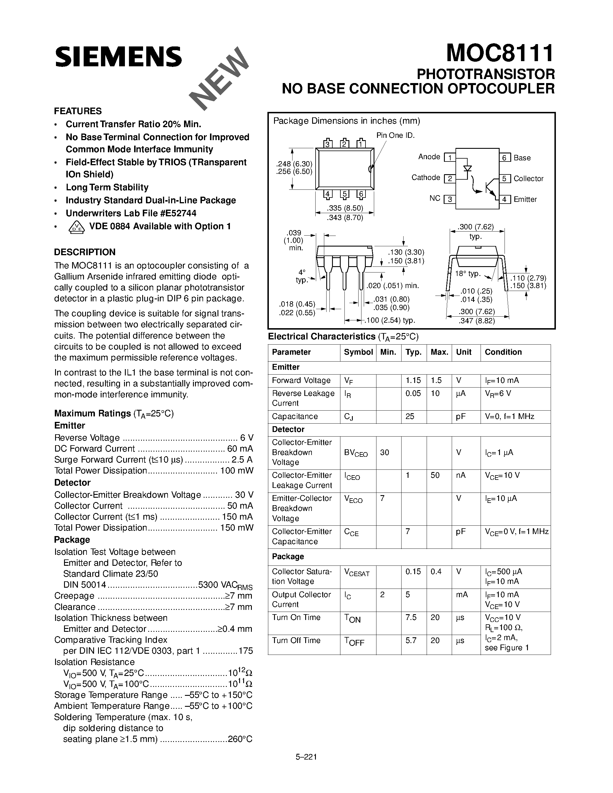 Datasheet MOC8111 - PHOTOTRANSISTOR NO BASE CONNECTION OPTOCOUPLER page 1