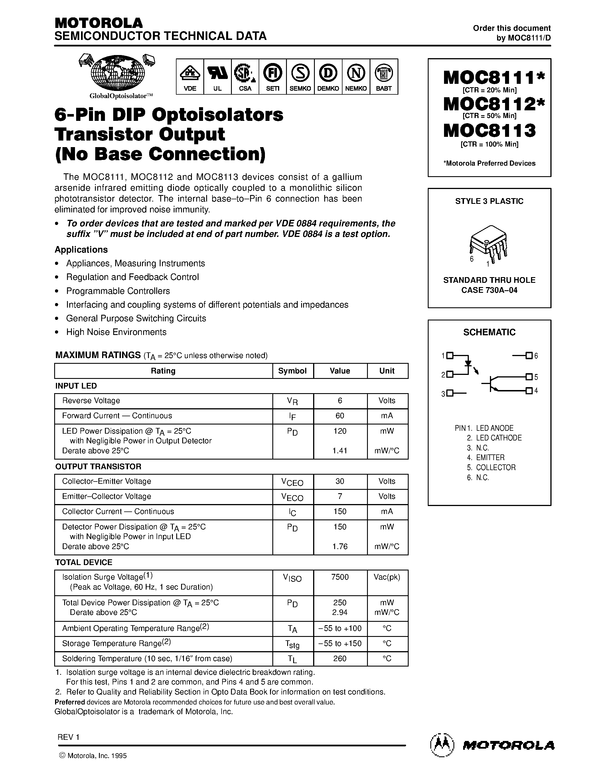 Даташит MOC8111 - (MOC8111 / MOC8112 / MOC8113) 6-Pin DIP Optoisolators Transistor Output(No Base Connection) страница 1