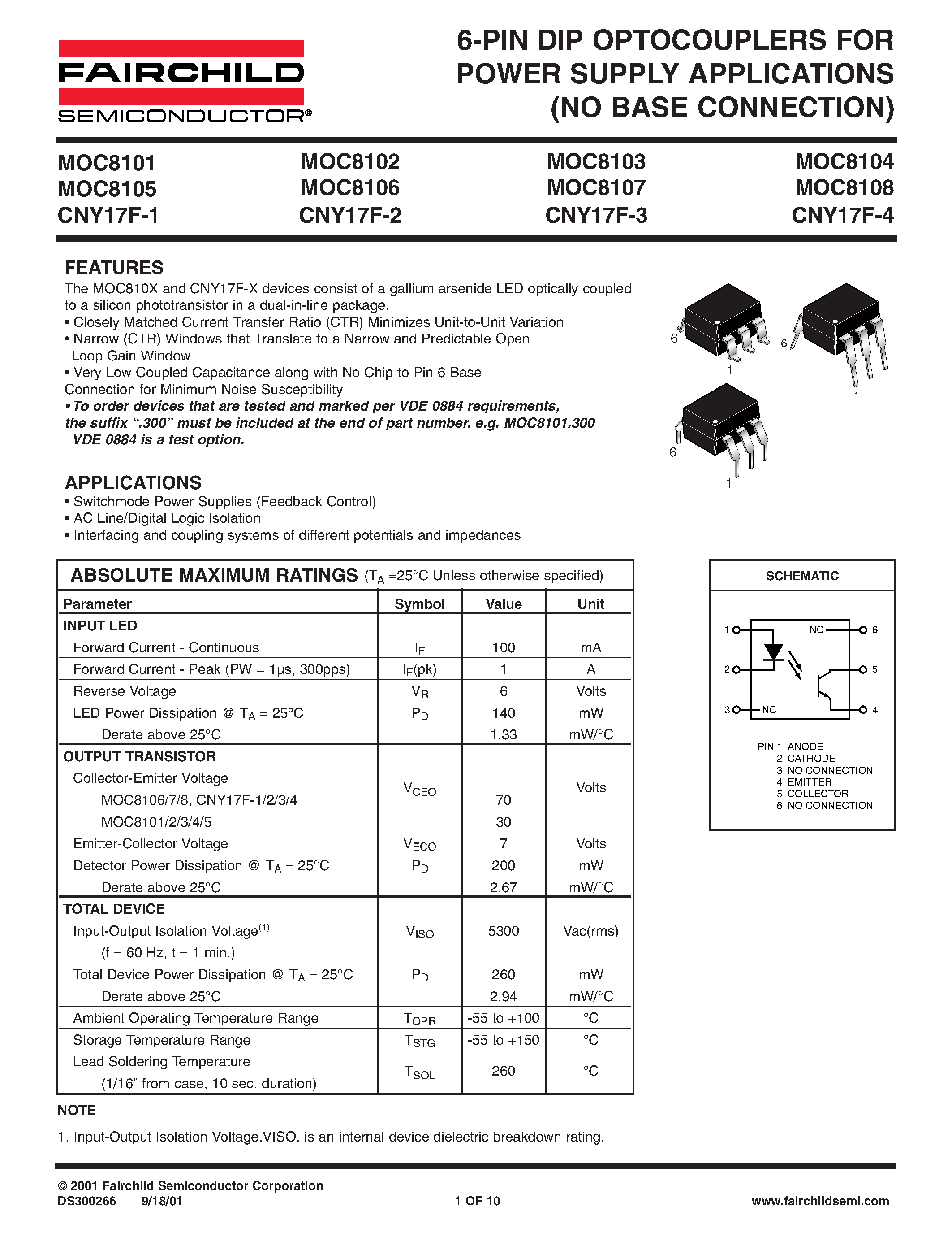 Datasheet MOC810x - 6-PIN DIP OPTOCOUPLERS FOR POWER SUPPLY APPLICATIONS (NO BASE CONNECTION) page 1