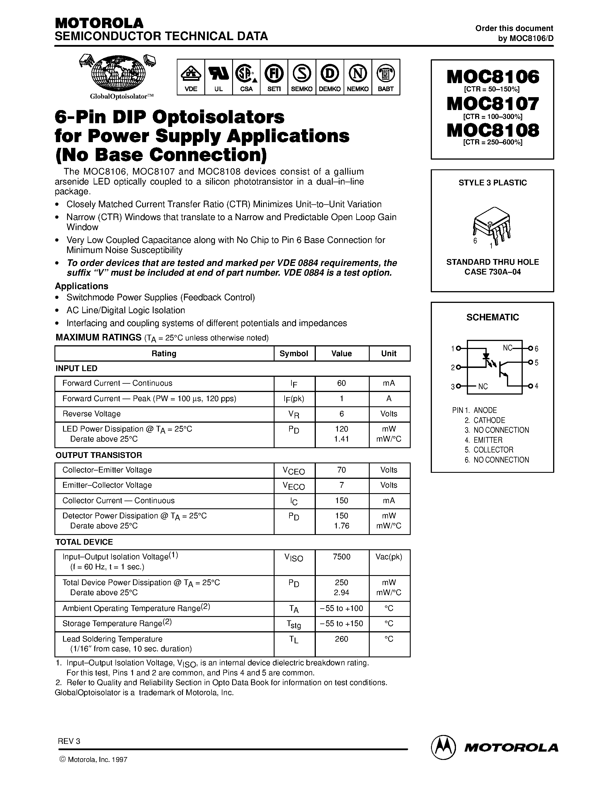 Даташит MOC8106 - (MOC8106 / MOC8107 / MOC8108) 6-Pin DIP Optoisolators for Power Supply Applications(No Base Connection) страница 1