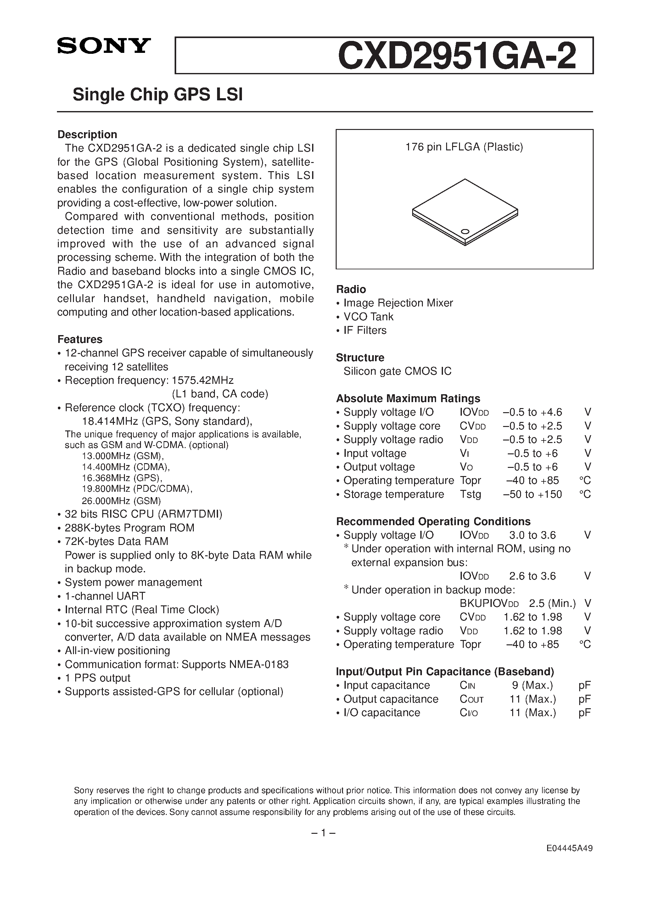 Datasheet CXD2951GA-2 - Single Chip GPS LSI page 1