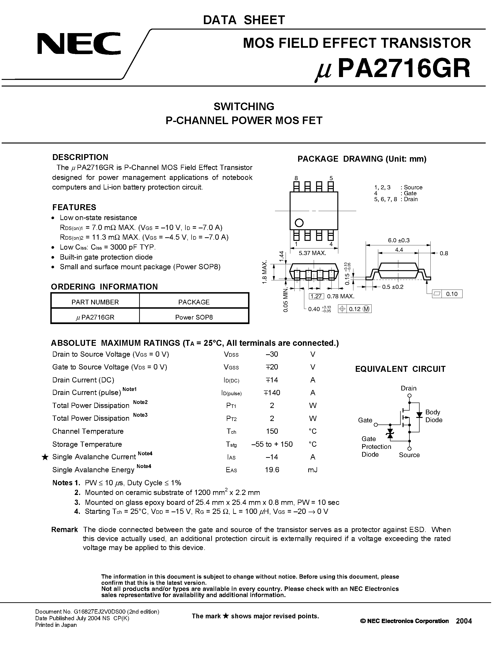 Datasheet UPA2716GR - SWITCHING N- AND P-CHANNEL POWER MOS FET page 1