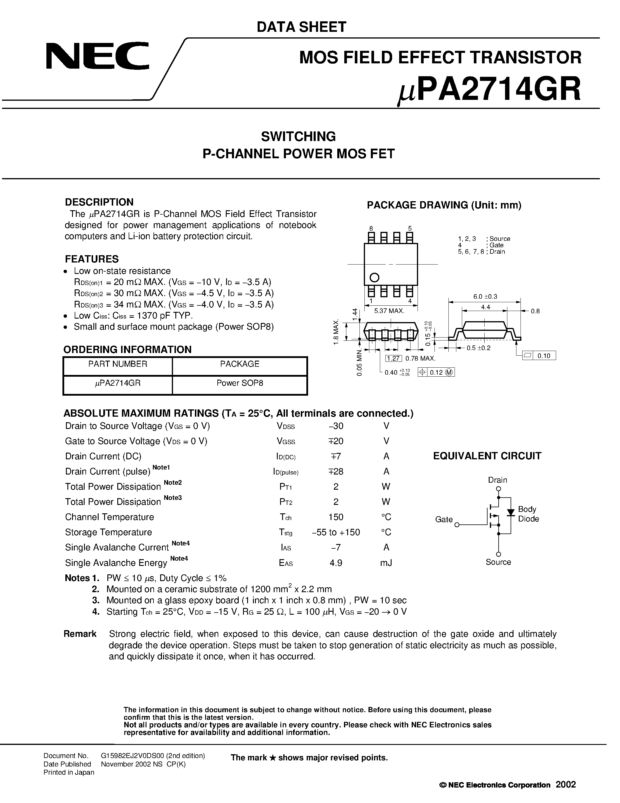 Datasheet UPA2714GR - SWITCHING N- AND P-CHANNEL POWER MOS FET page 1