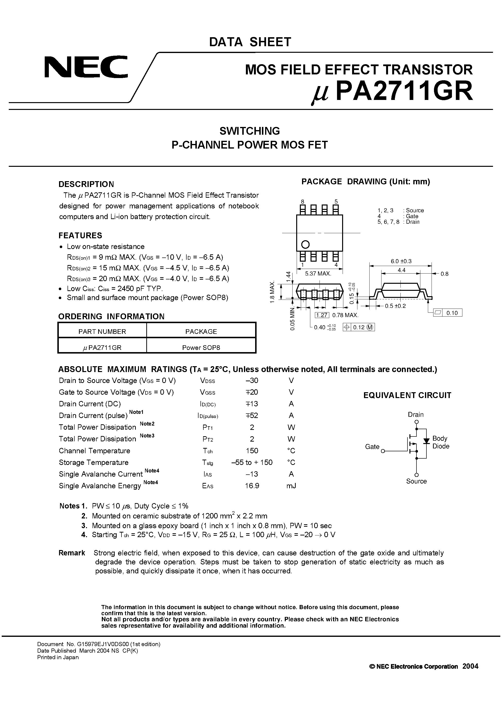 Datasheet UPA2711GR - SWITCHING N- AND P-CHANNEL POWER MOS FET page 1