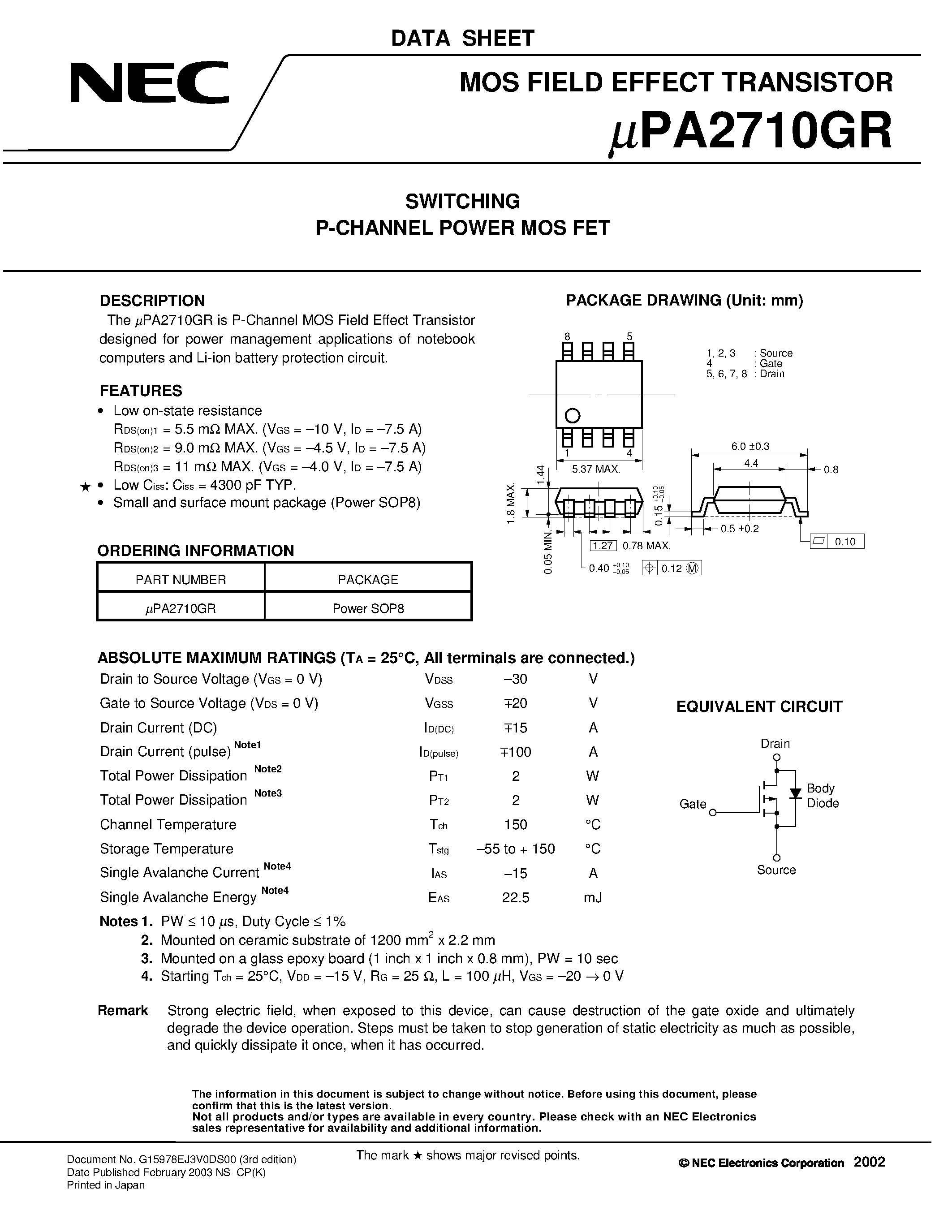 Datasheet UPA2710GR - SWITCHING N- AND P-CHANNEL POWER MOS FET page 1