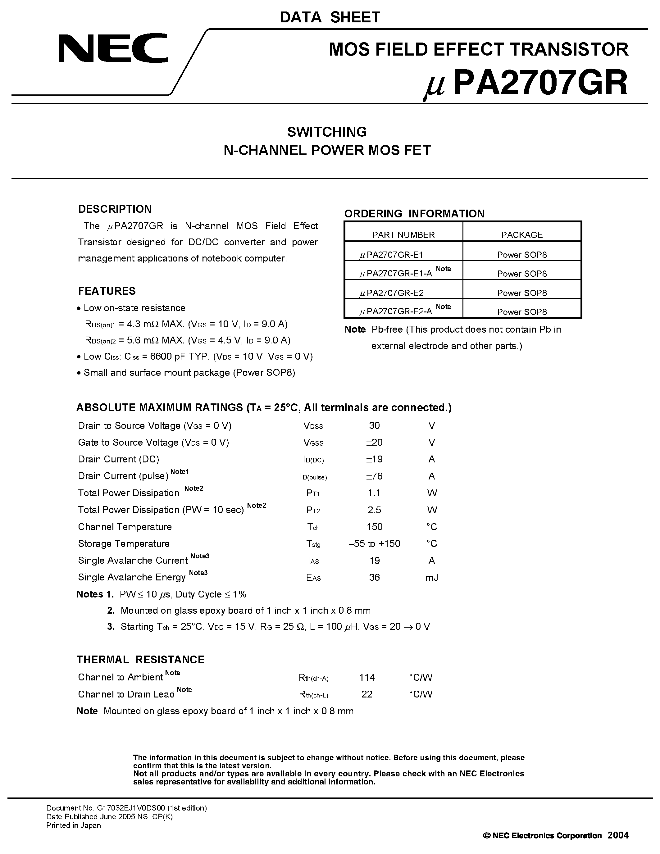 Datasheet UPA2707GR page 1 Datasheet UPA2707GR - SWITCHING N- AND P-CHANNEL POWER MOS FET page 1