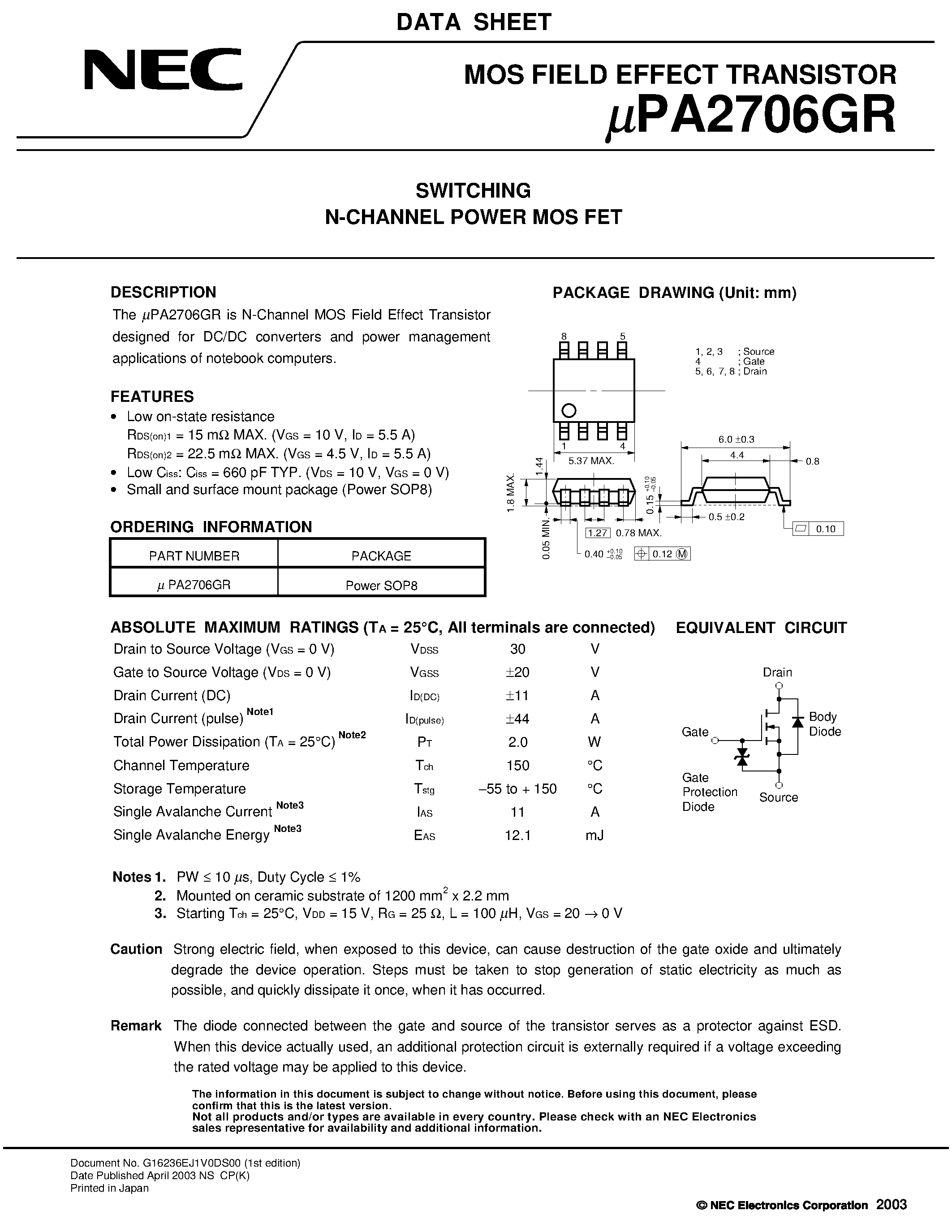 Datasheet UPA2706GR page 1 Datasheet UPA2706GR - SWITCHING N- AND P-CHANNEL POWER MOS FET page 1