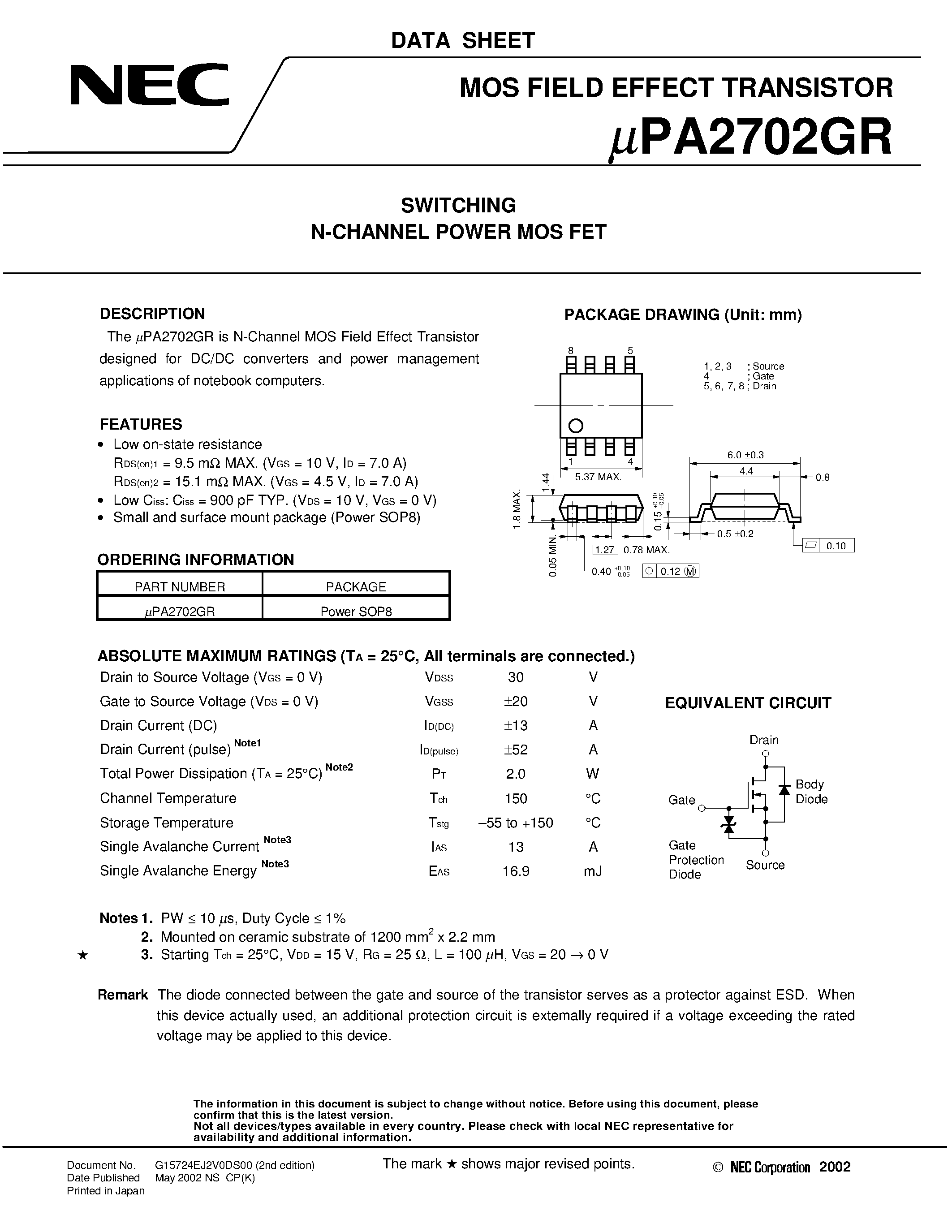 Datasheet UPA2702GR - SWITCHING N- AND P-CHANNEL POWER MOS FET page 1