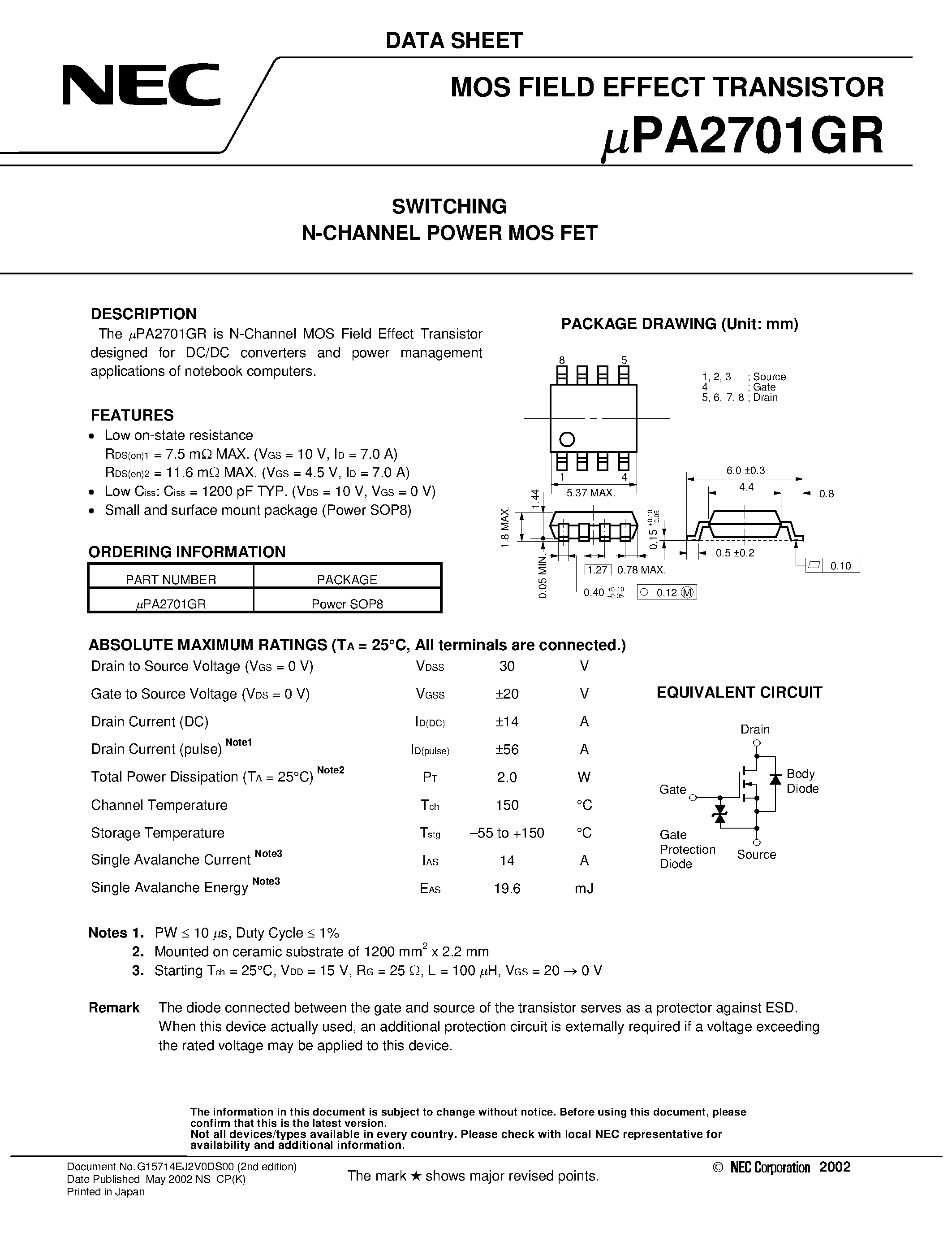 Datasheet UPA2701GR page 1 Datasheet UPA2701GR - SWITCHING N- AND P-CHANNEL POWER MOS FET page 1
