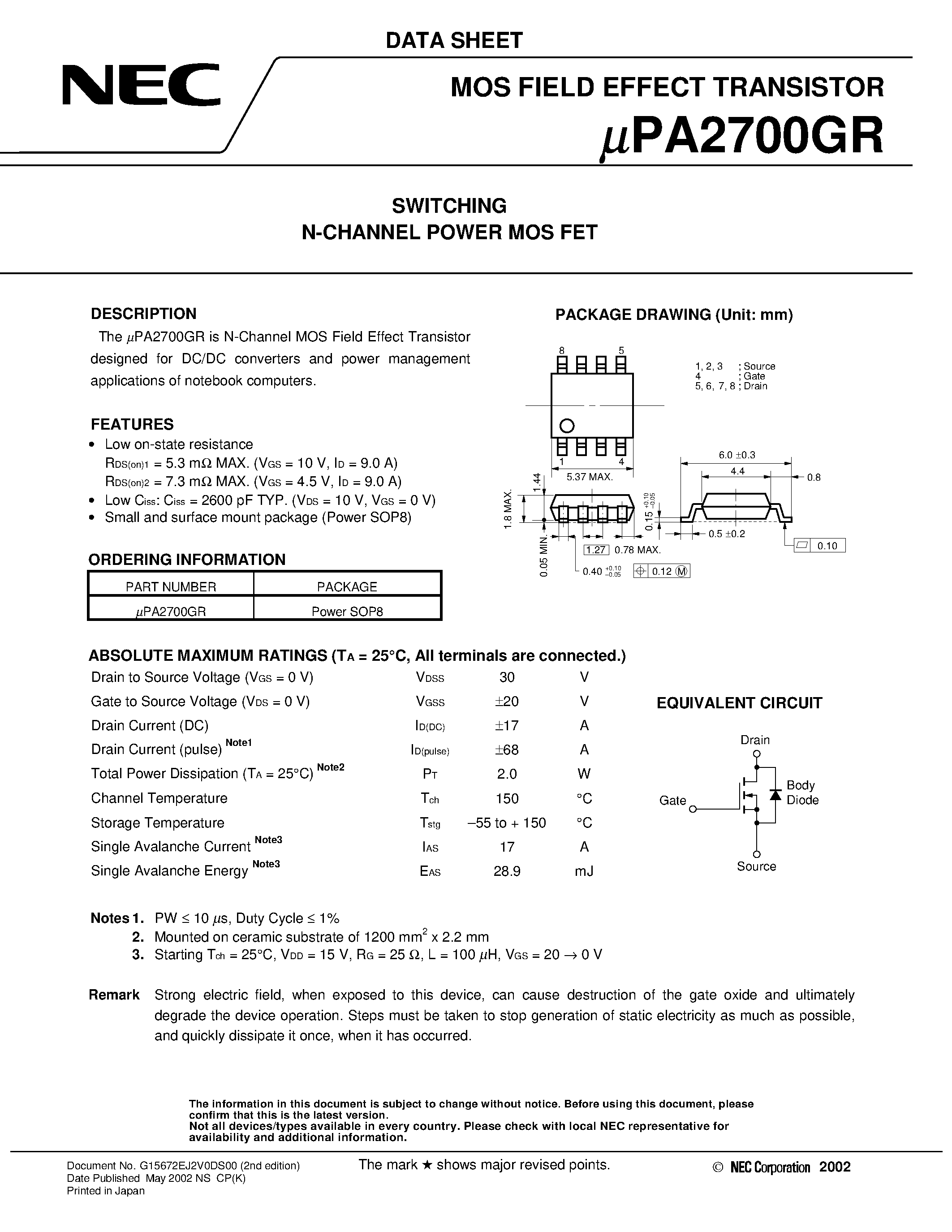 Datasheet UPA2700GR page 1 Datasheet UPA2700GR - SWITCHING N- AND P-CHANNEL POWER MOS FET page 1