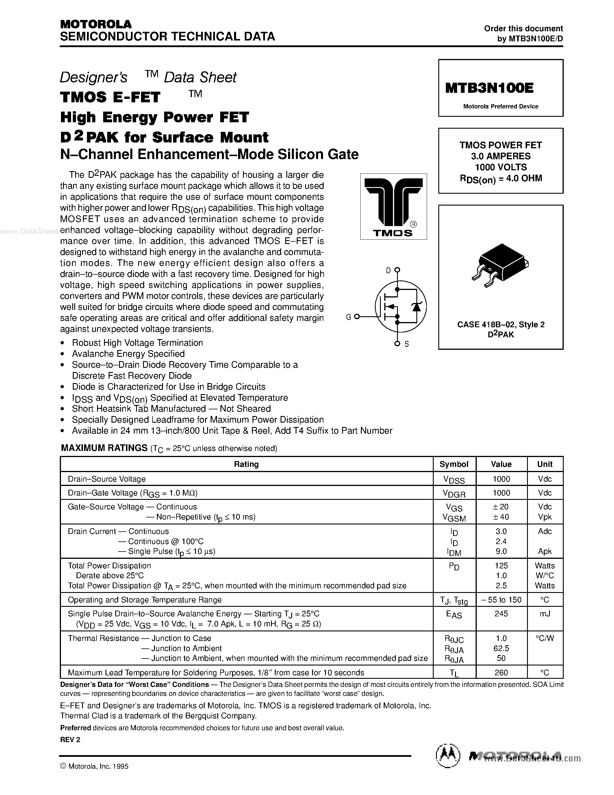 Даташит 3N100E - Search ---> MTB3N100E страница 1