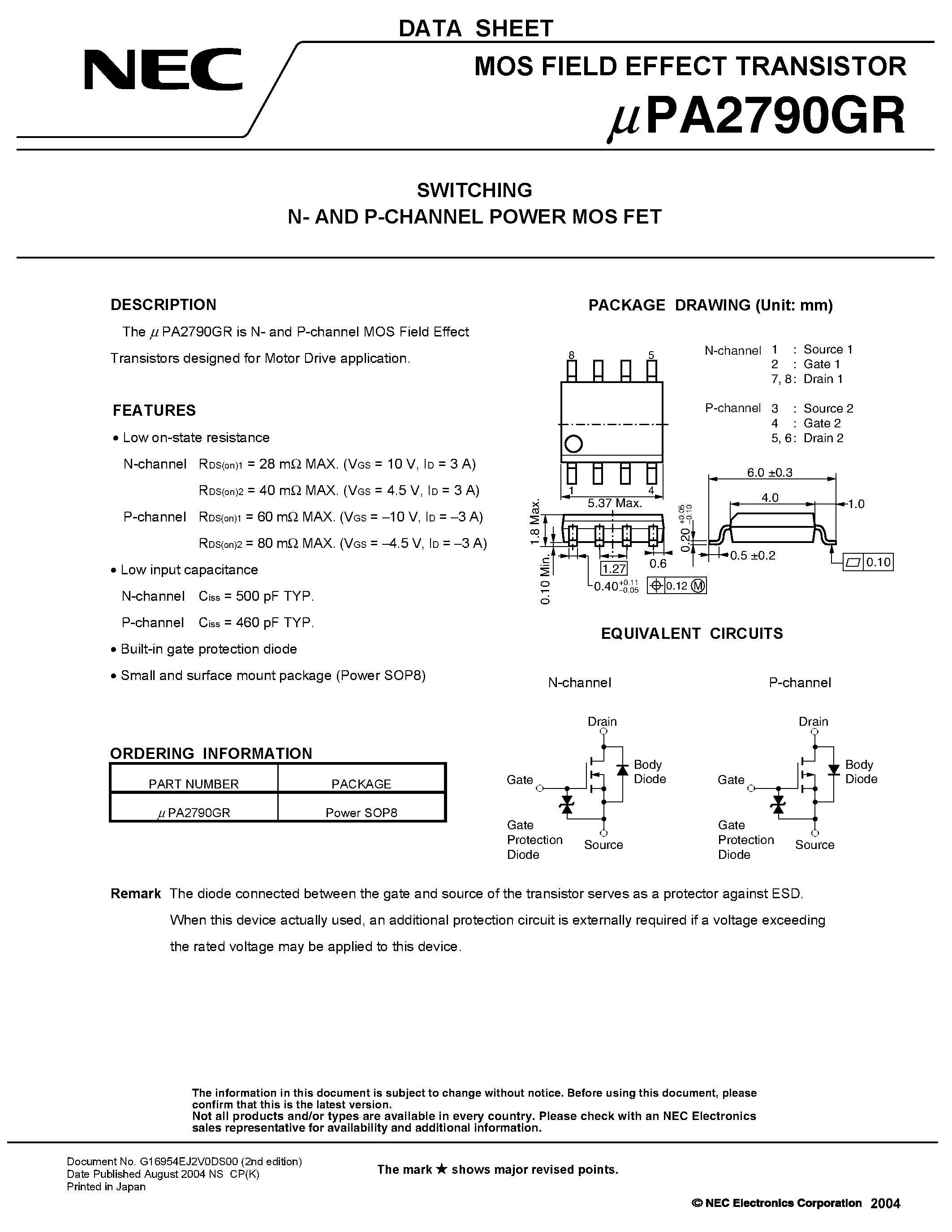 Datasheet UPA2790GR page 1 Datasheet UPA2790GR - SWITCHING N- AND P-CHANNEL POWER MOS FET page 1