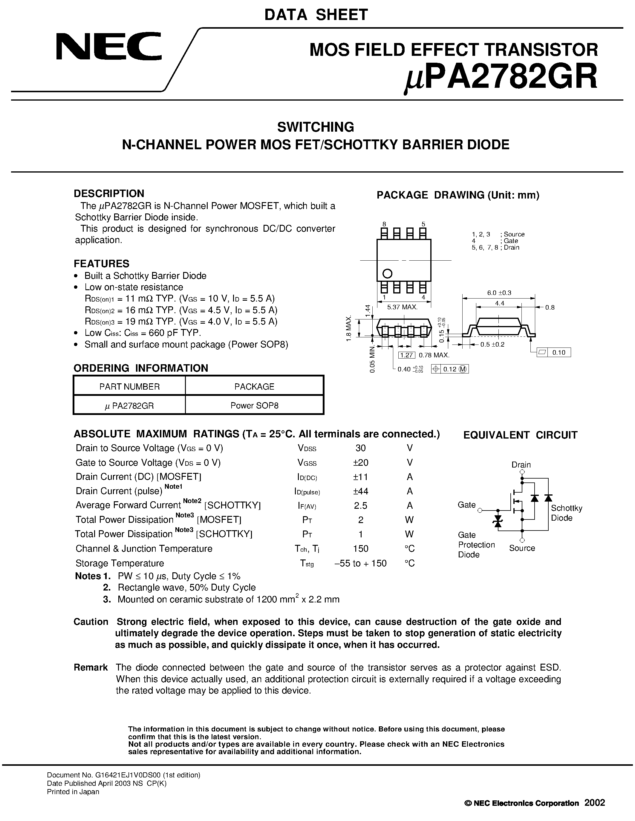 Datasheet UPA2782GR page 1 Datasheet UPA2782GR - SWITCHING N- AND P-CHANNEL POWER MOS FET page 1