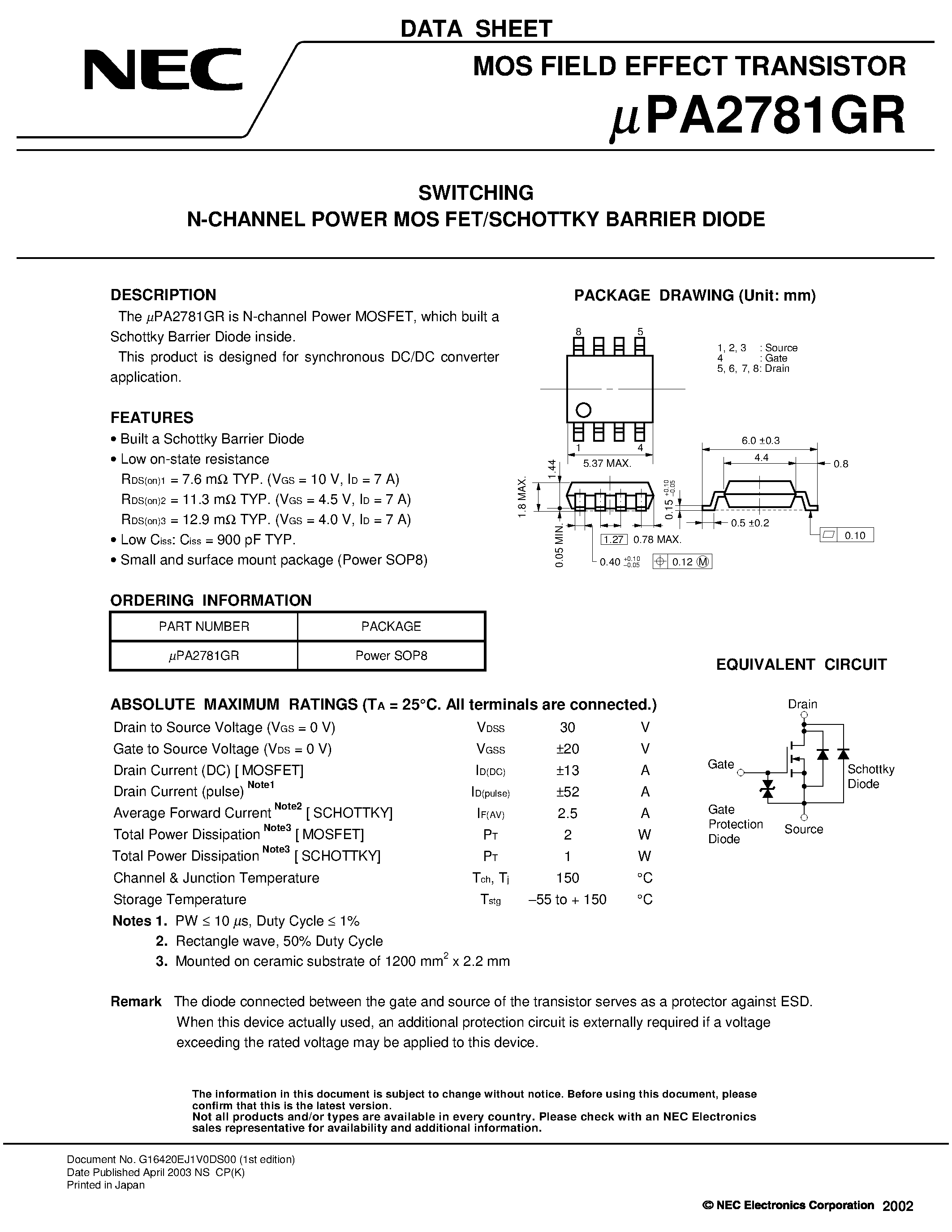 Datasheet UPA2781GR - SWITCHING N- AND P-CHANNEL POWER MOS FET page 1