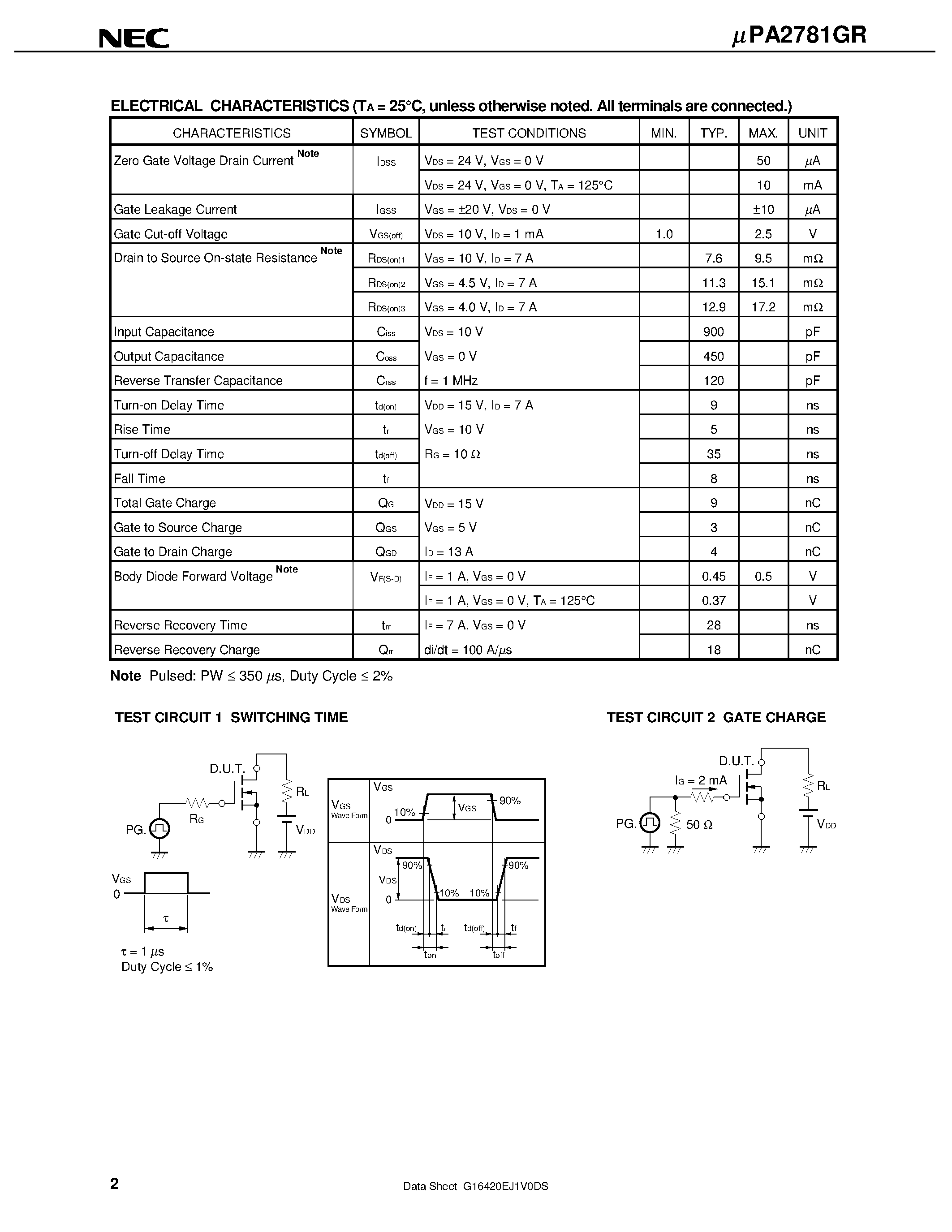Datasheet UPA2781GR - SWITCHING N- AND P-CHANNEL POWER MOS FET page 2
