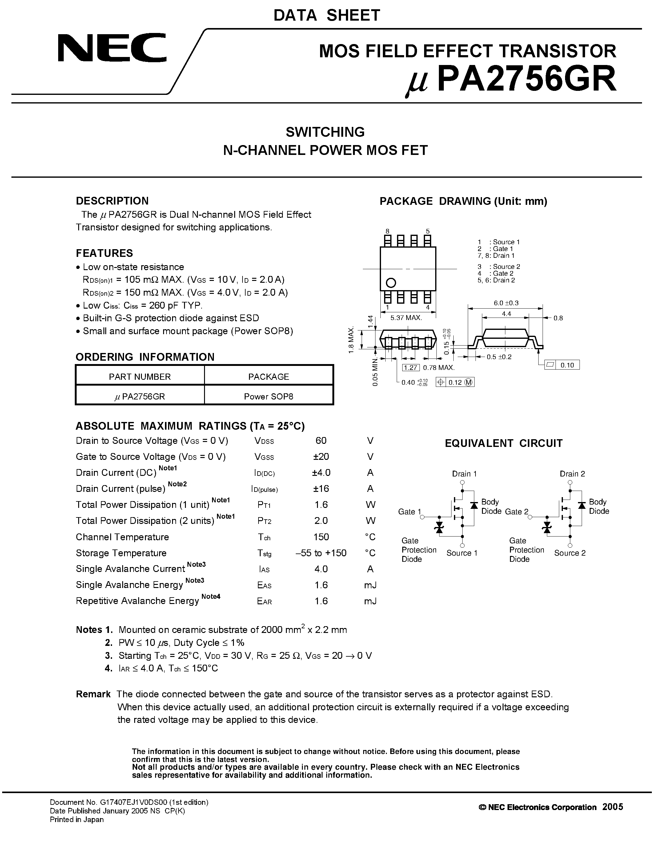 Datasheet UPA2756GR page 1 Datasheet UPA2756GR - SWITCHING N- AND P-CHANNEL POWER MOS FET page 1