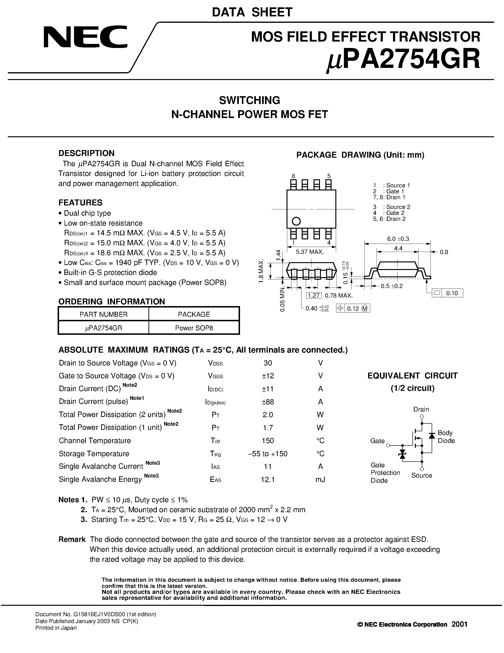 Datasheet UPA2754GR - SWITCHING N- AND P-CHANNEL POWER MOS FET page 1