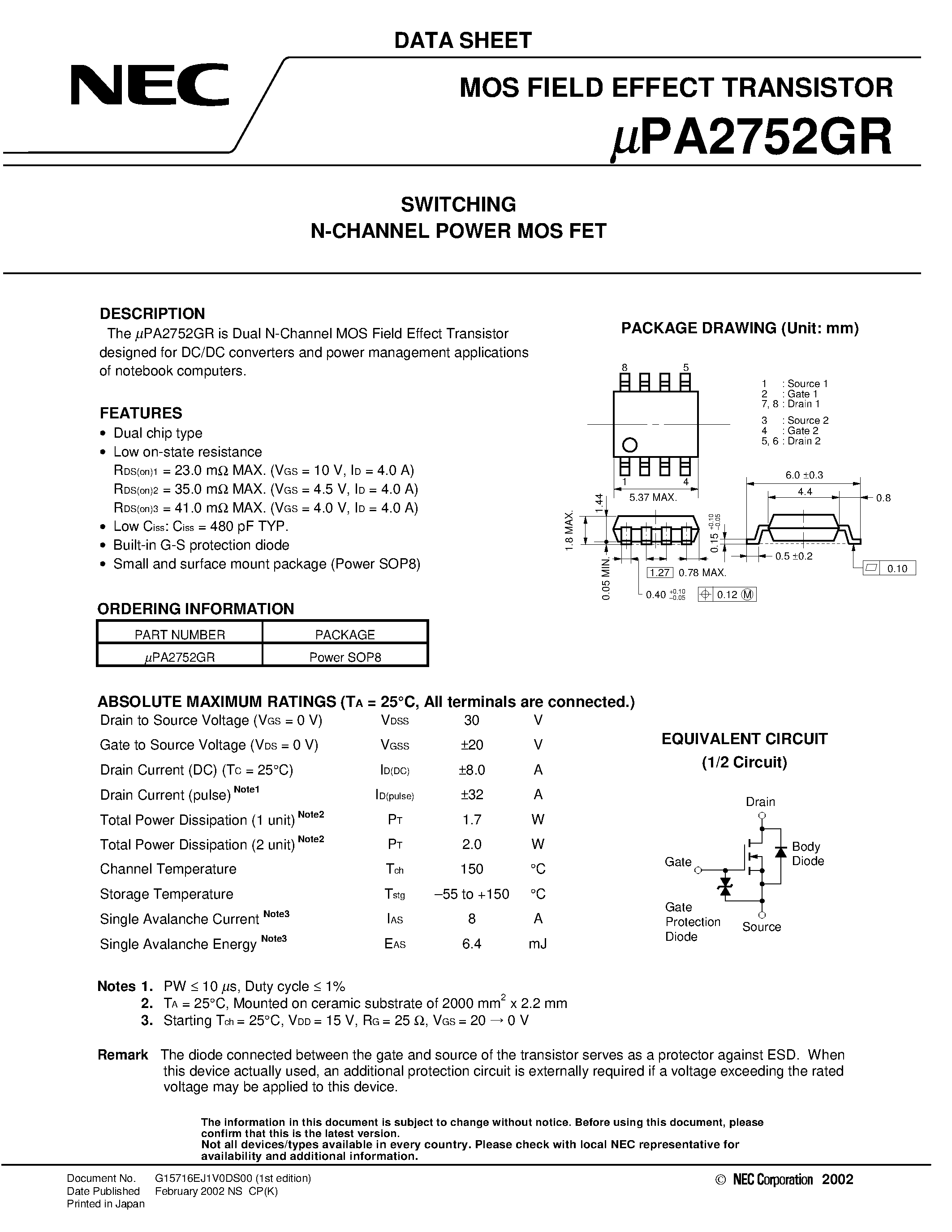 Datasheet UPA2752GR - SWITCHING N- AND P-CHANNEL POWER MOS FET page 1