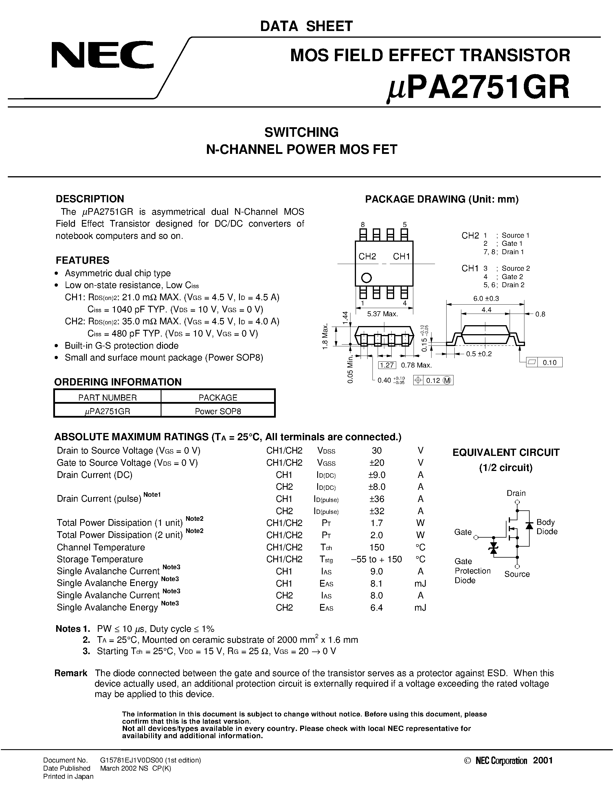 Datasheet UPA2751GR - SWITCHING N- AND P-CHANNEL POWER MOS FET page 1