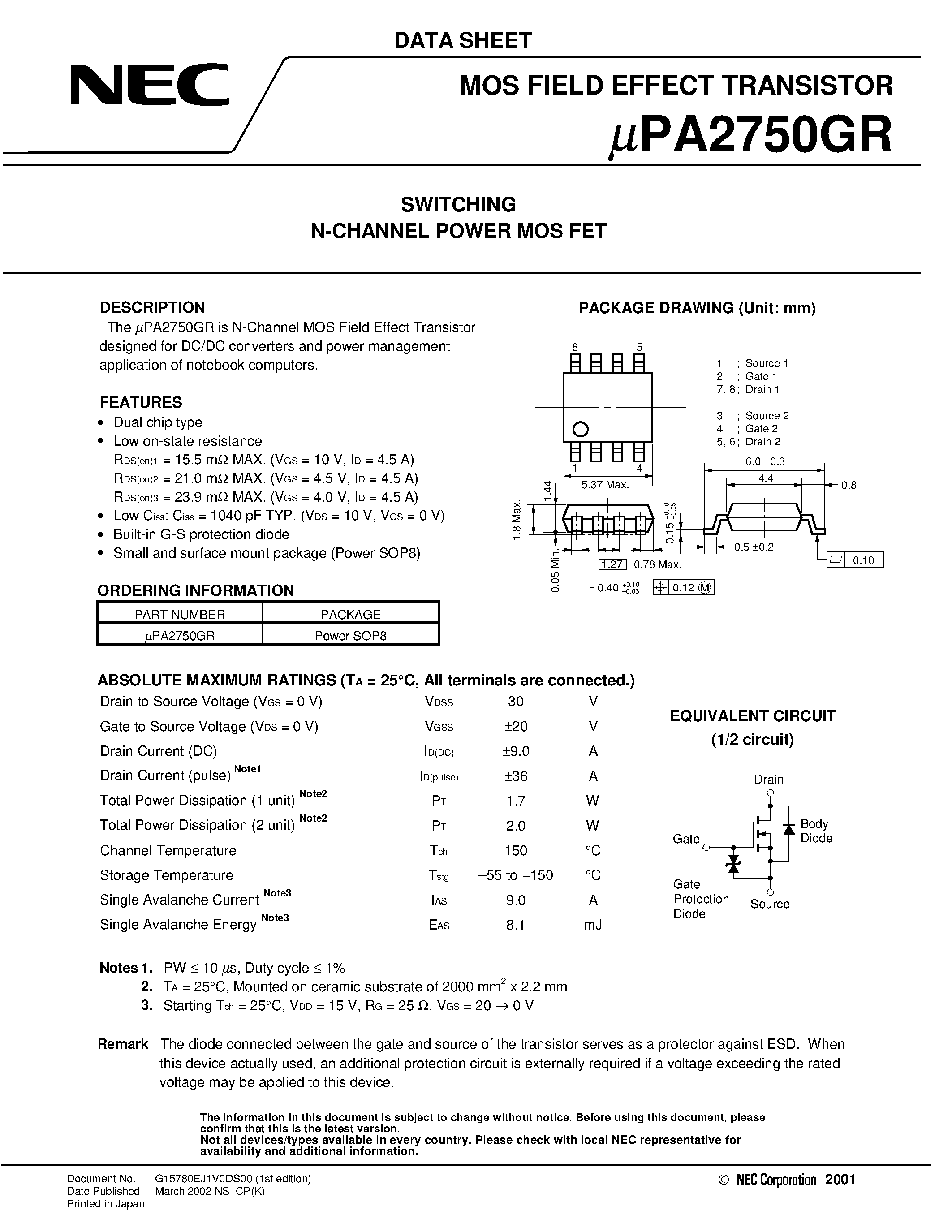 Datasheet UPA2750GR page 1 Datasheet UPA2750GR - SWITCHING N- AND P-CHANNEL POWER MOS FET page 1