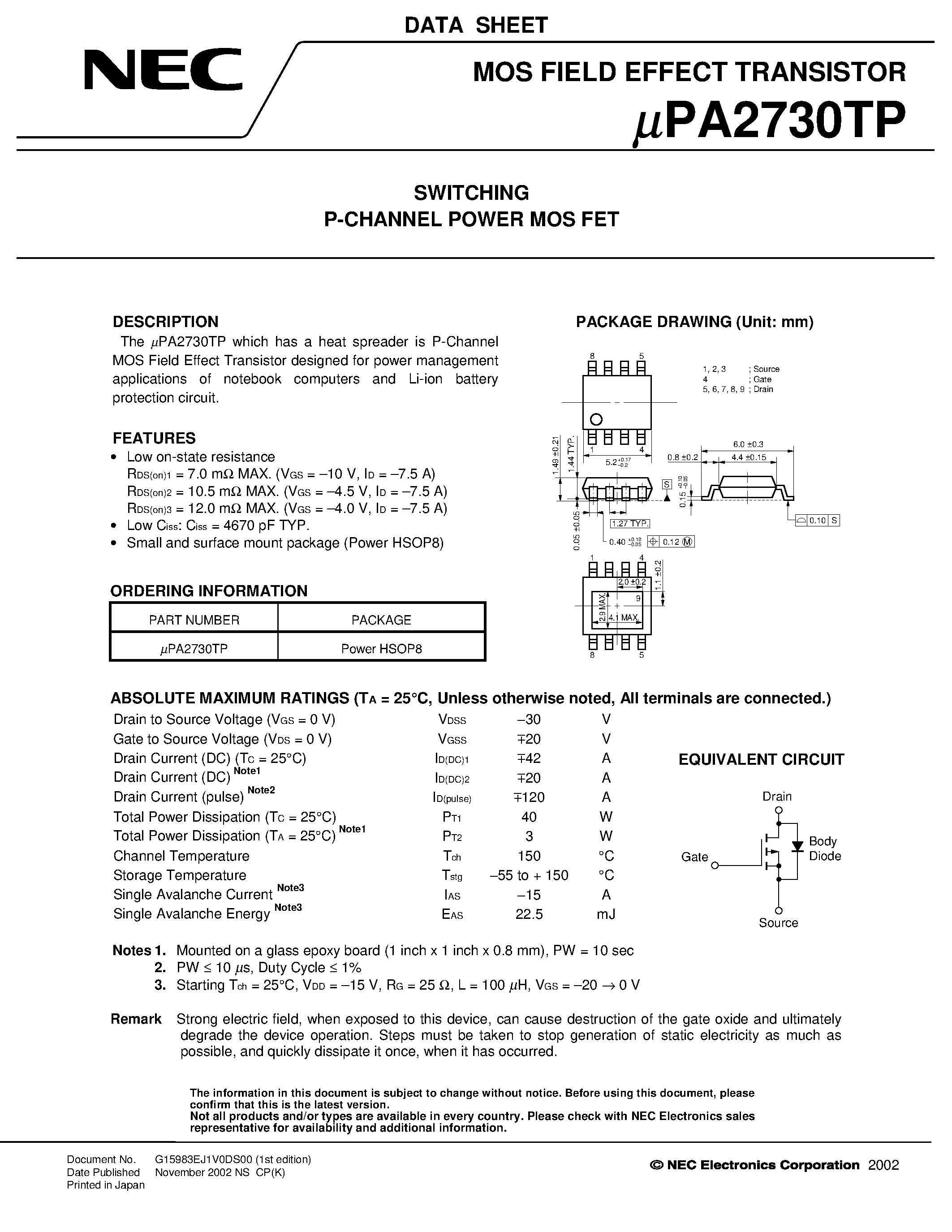 Datasheet UPA2730TP page 1 Datasheet UPA2730TP - SWITCHING N- AND P-CHANNEL POWER MOS FET page 1