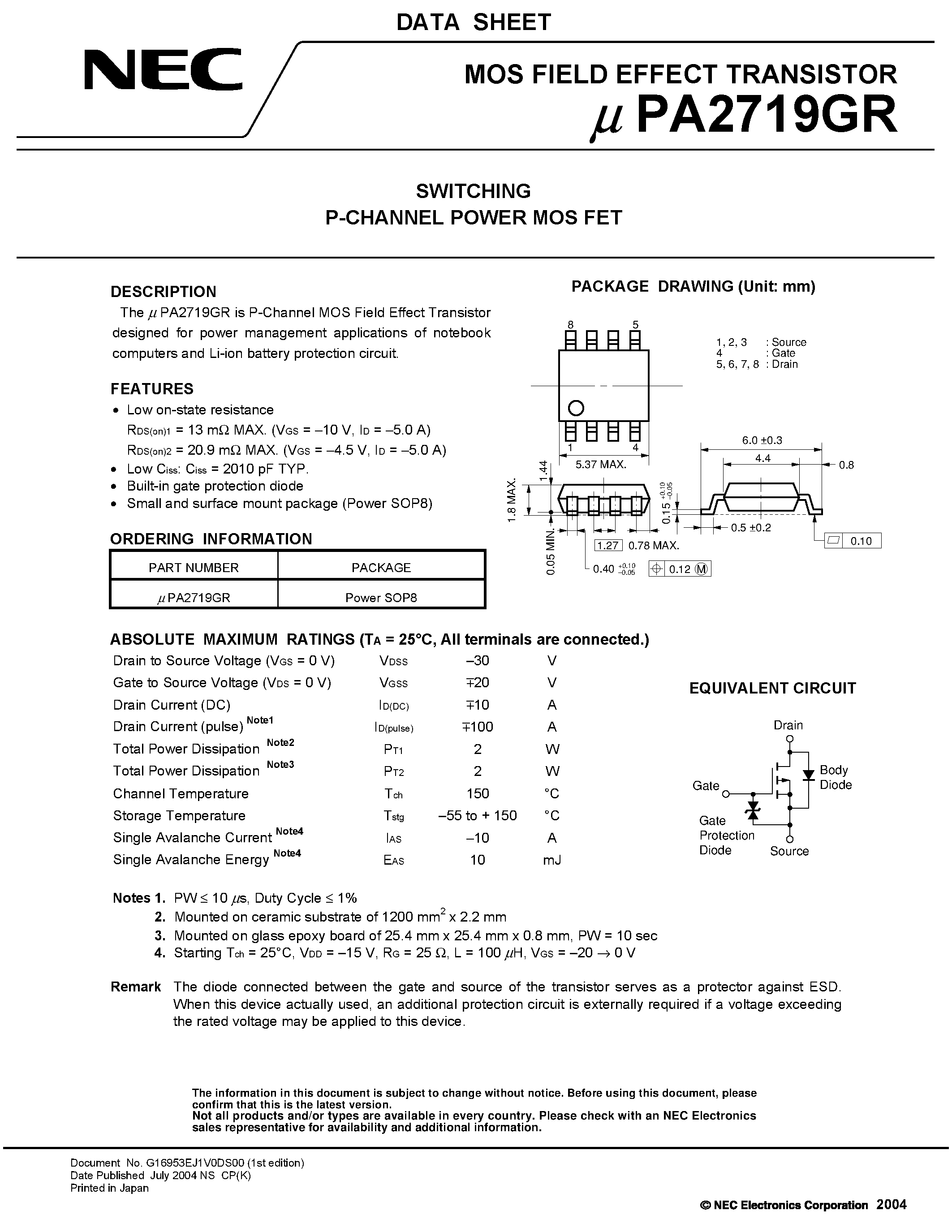 Datasheet UPA2719GR - SWITCHING N- AND P-CHANNEL POWER MOS FET page 1