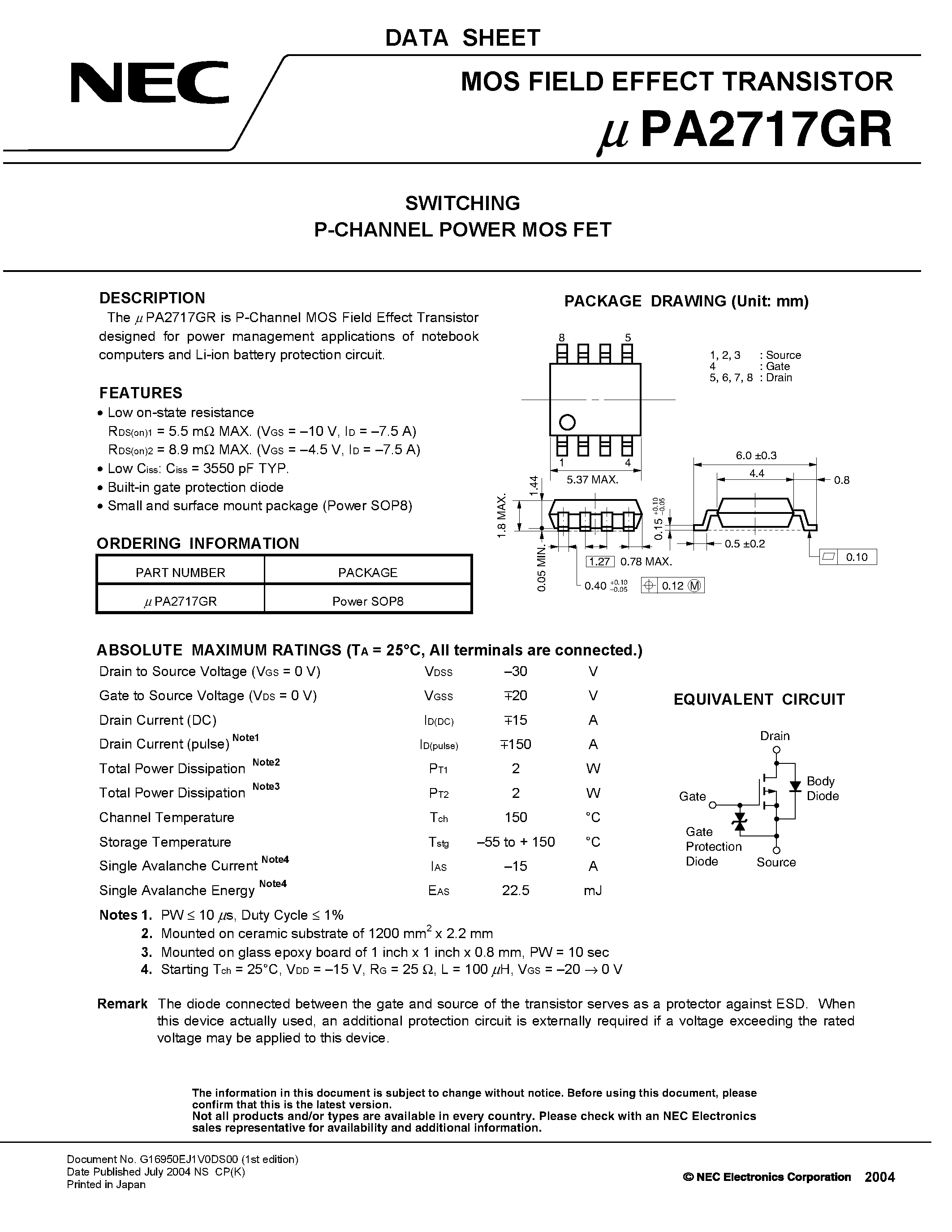 Datasheet UPA2717GR - SWITCHING N- AND P-CHANNEL POWER MOS FET page 1