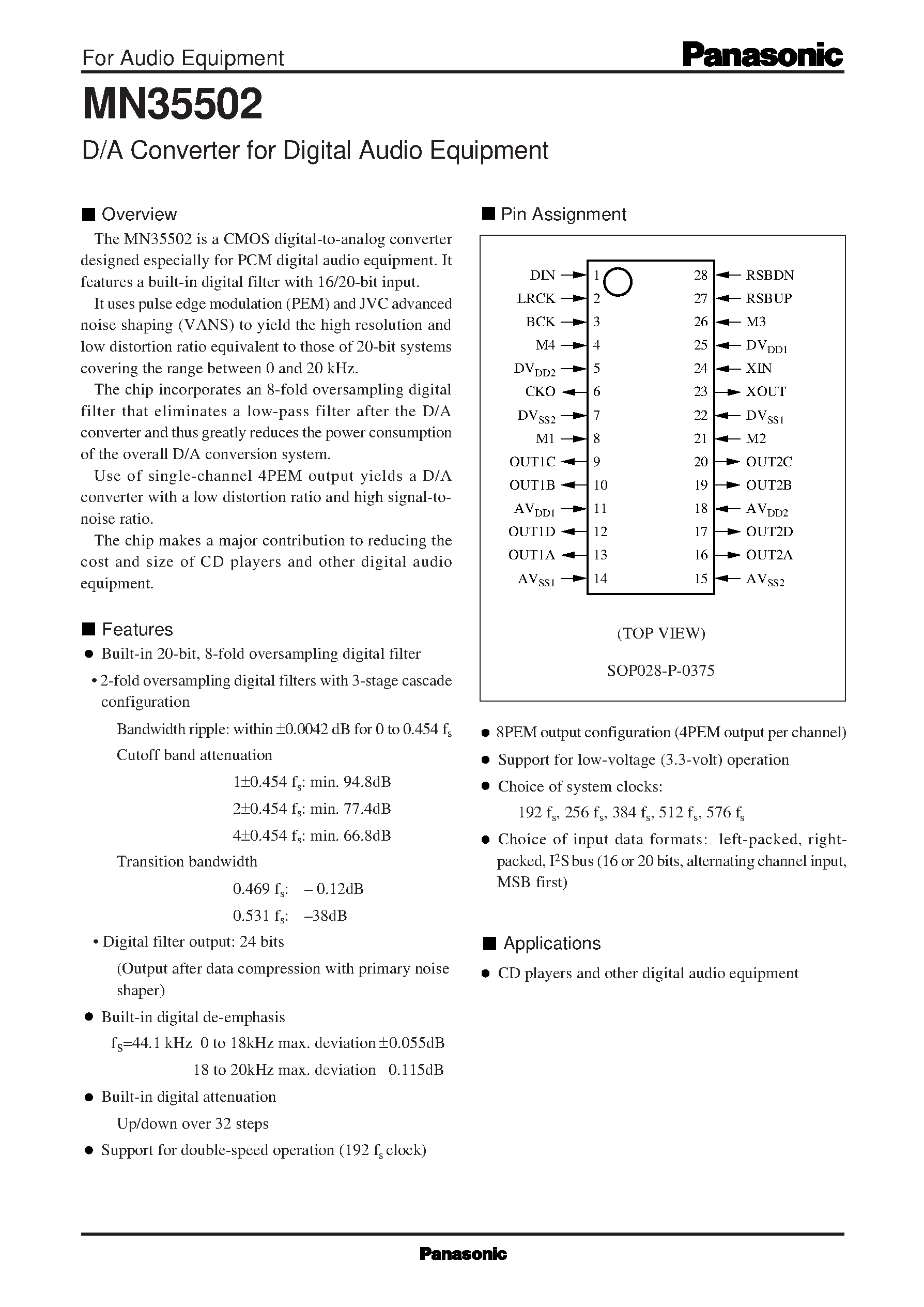 Даташит MN35502 - D/A Converter for Digital Audio Equipment страница 1